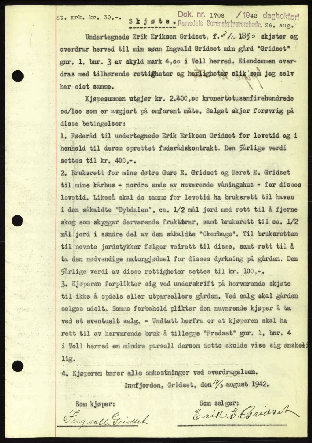 Romsdal sorenskriveri, SAT/A-4149/1/2/2C: Pantebok nr. A12, 1942-1942, Dagboknr: 1708/1942