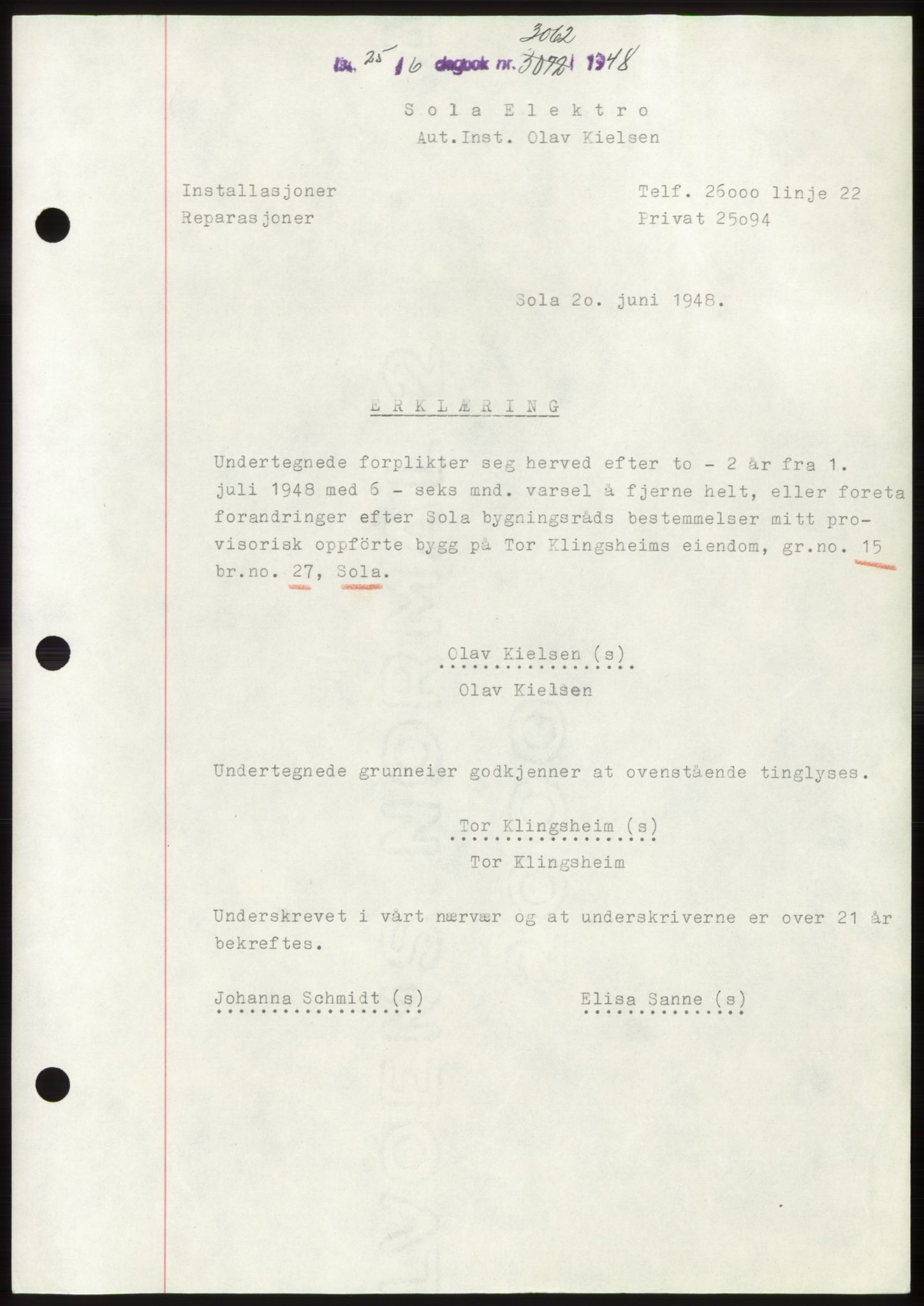 Jæren sorenskriveri, SAST/A-100310/03/G/Gba/L0099: Pantebok, 1948-1948, Dagboknr: 3062/1948