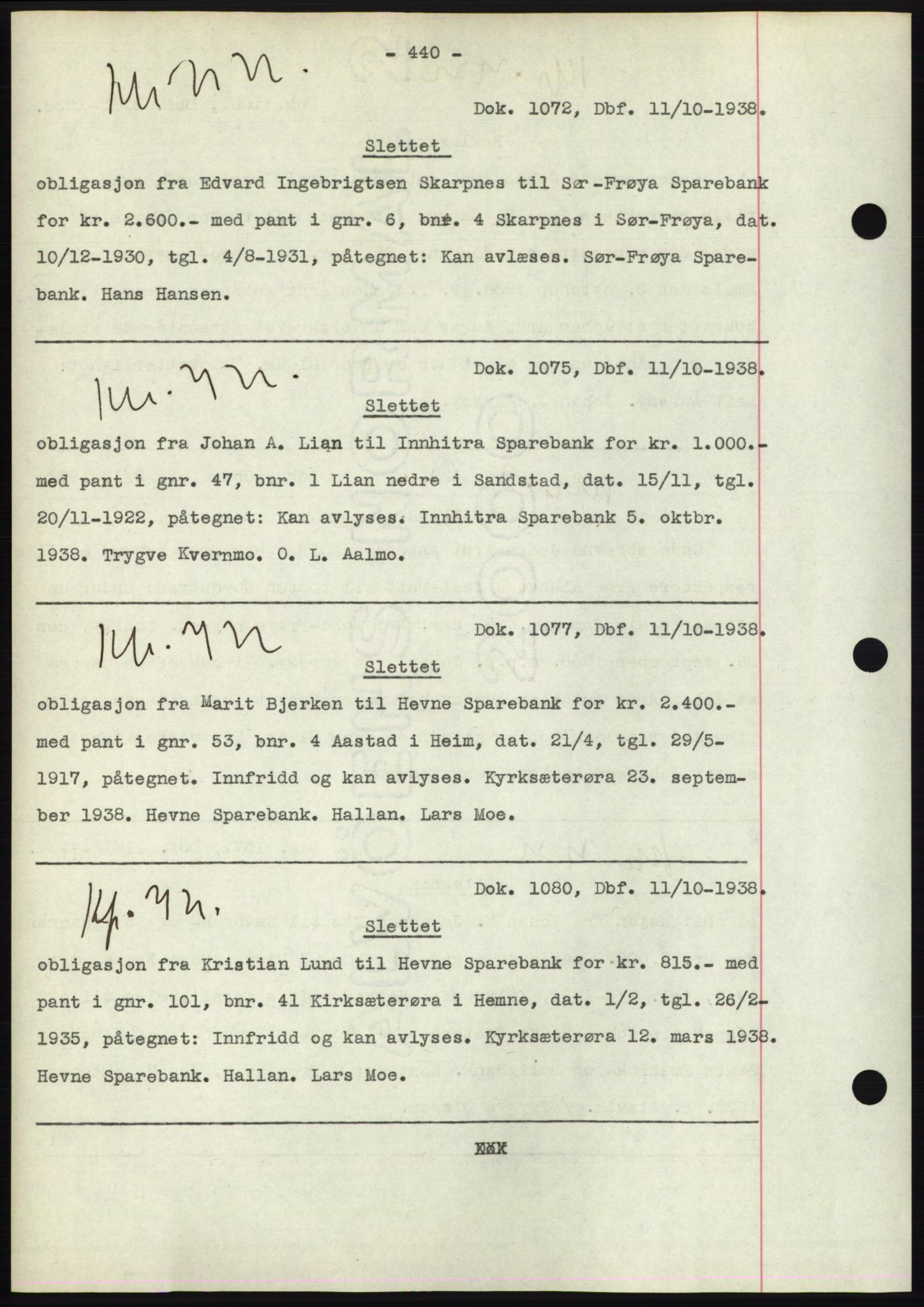 Hitra sorenskriveri, AV/SAT-A-0018/2/2C/2Ca: Pantebok nr. C1, 1936-1945, Dagboknr: 1072/1938
