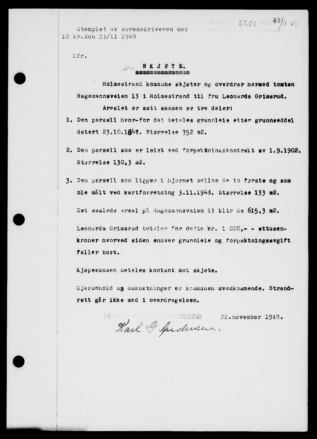 Holmestrand sorenskriveri, SAKO/A-67/G/Ga/Gaa/L0065: Pantebok nr. A-65, 1948-1949, Dagboknr: 2258/1948