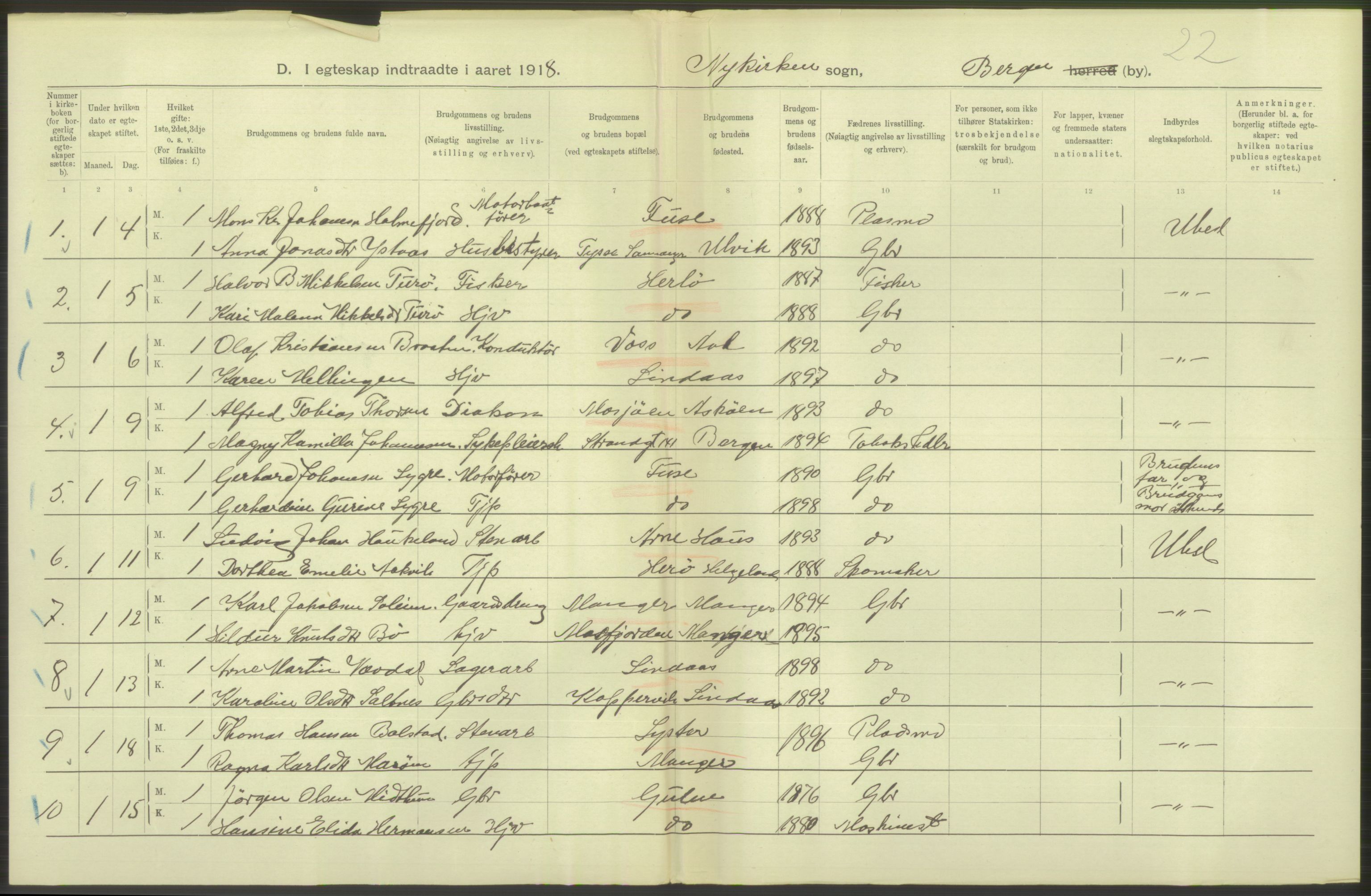 Statistisk sentralbyrå, Sosiodemografiske emner, Befolkning, AV/RA-S-2228/D/Df/Dfb/Dfbh/L0038: Bergen: Gifte, dødfødte., 1918, s. 106
