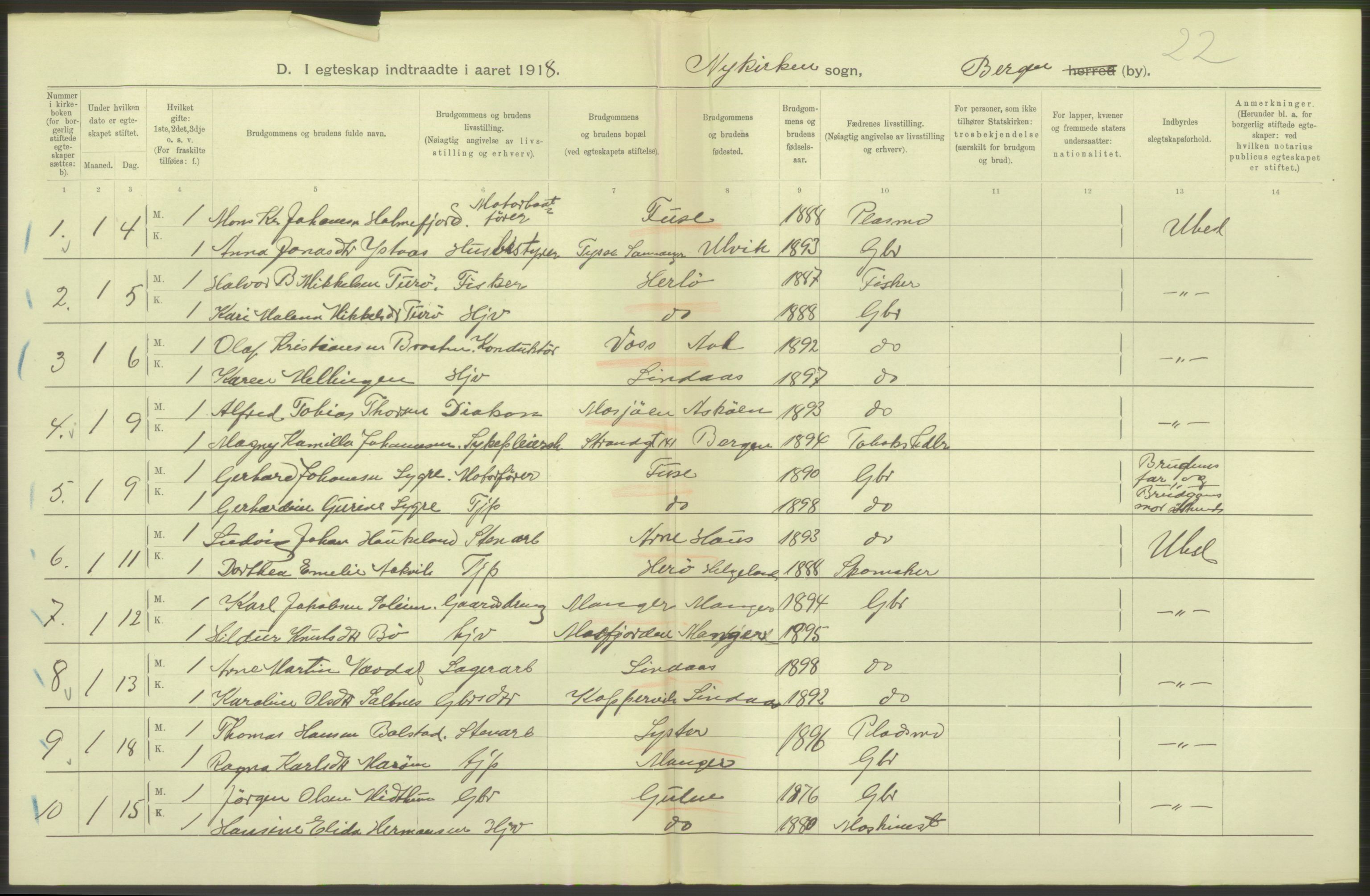 Statistisk sentralbyrå, Sosiodemografiske emner, Befolkning, RA/S-2228/D/Df/Dfb/Dfbh/L0038: Bergen: Gifte, dødfødte., 1918, s. 106