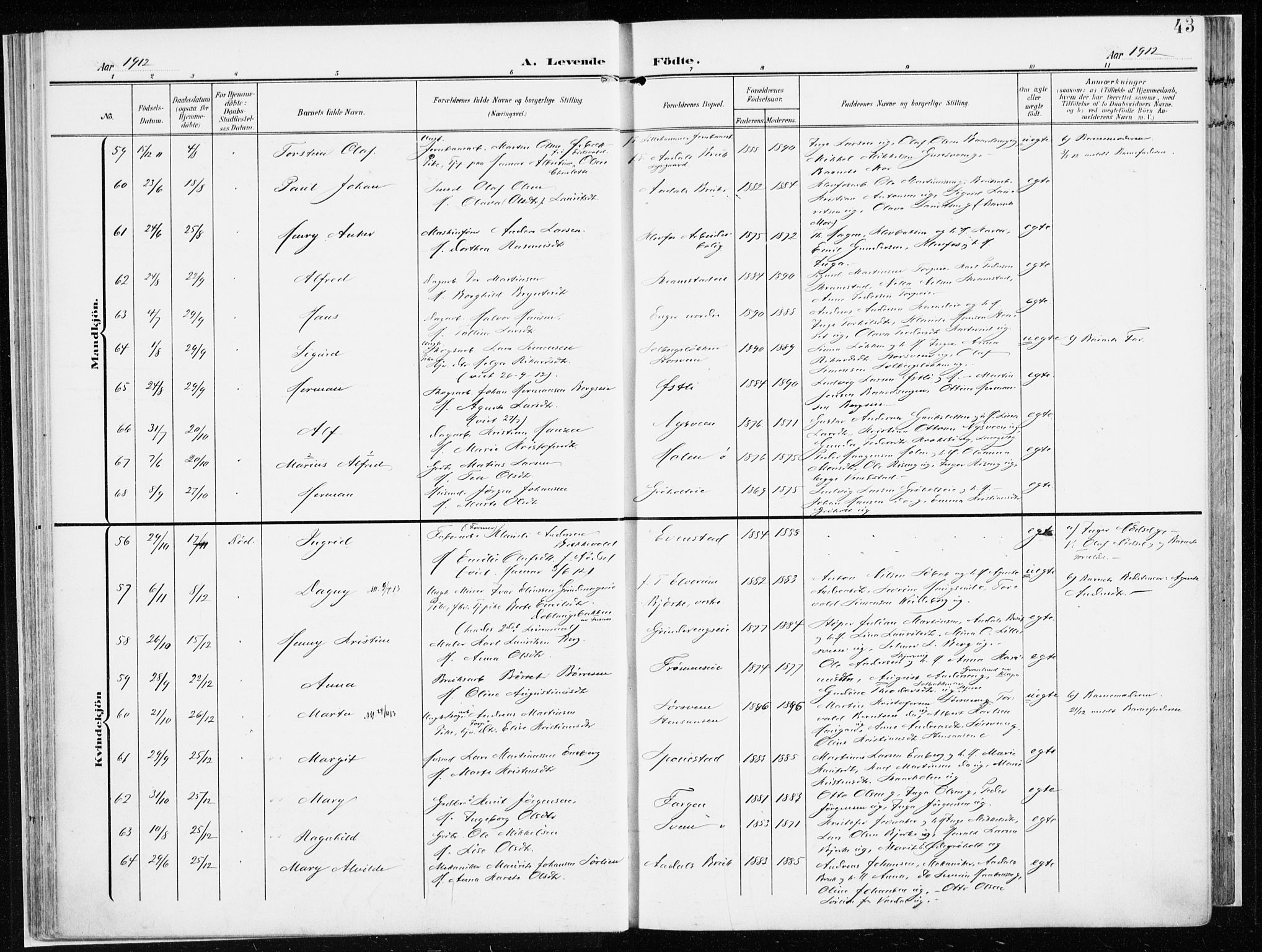 Løten prestekontor, AV/SAH-PREST-022/K/Ka/L0011: Ministerialbok nr. 11, 1908-1917, s. 43