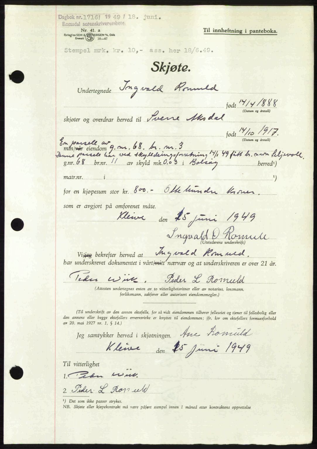 Romsdal sorenskriveri, SAT/A-4149/1/2/2C: Pantebok nr. A30, 1949-1949, Dagboknr: 1716/1949