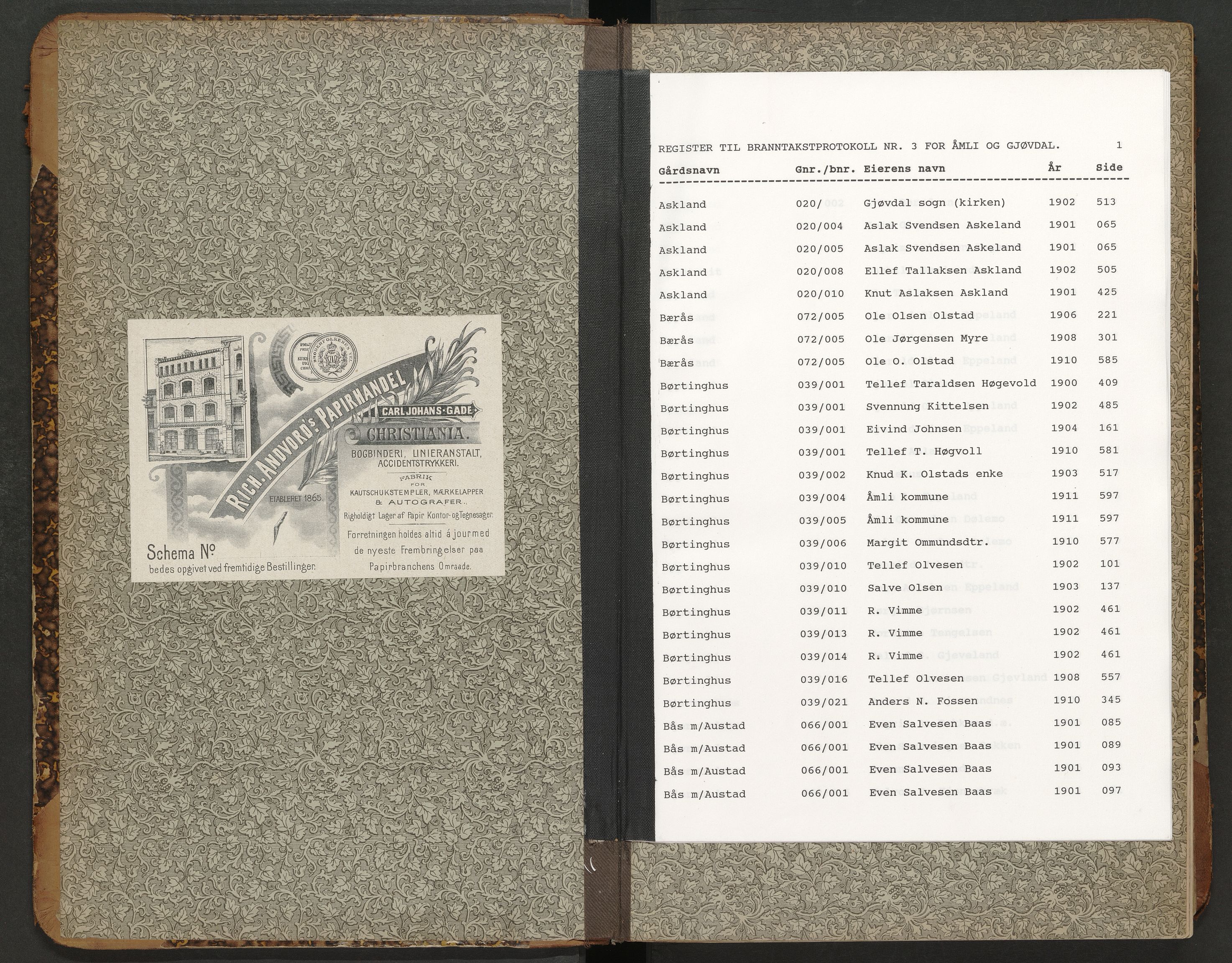 Norges Brannkasse Åmli og Gjøvdal, SAK/2241-0061/F/Fa/L0003: Branntakstprotokoll nr. 3 med gårdsnavnregister, 1900-1911