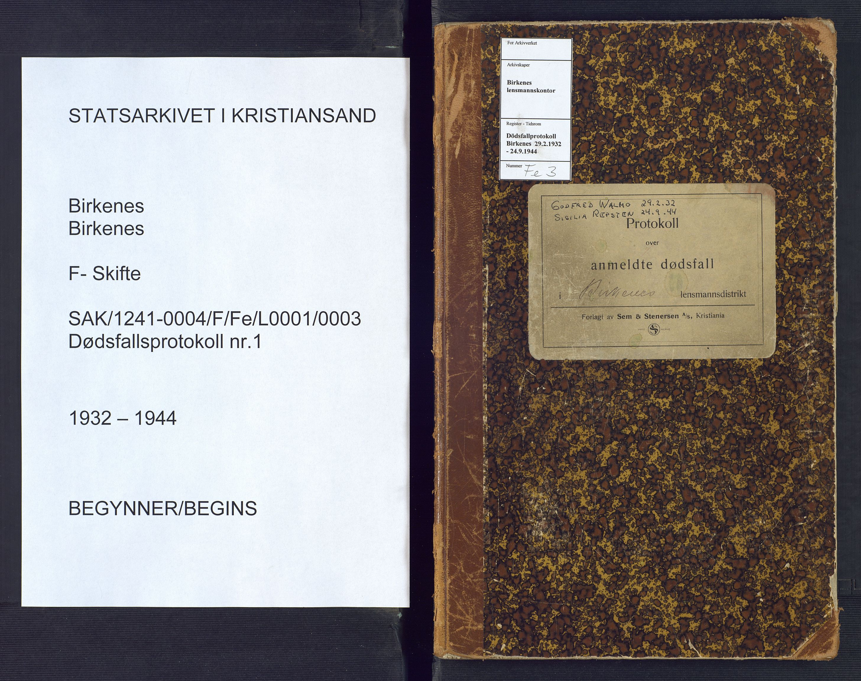 Birkenes lensmannskontor, AV/SAK-1241-0004/F/Fe/L0001/0003: Dødsfallsprotokoller / Dødsfallsprotokoll, 1932-1944
