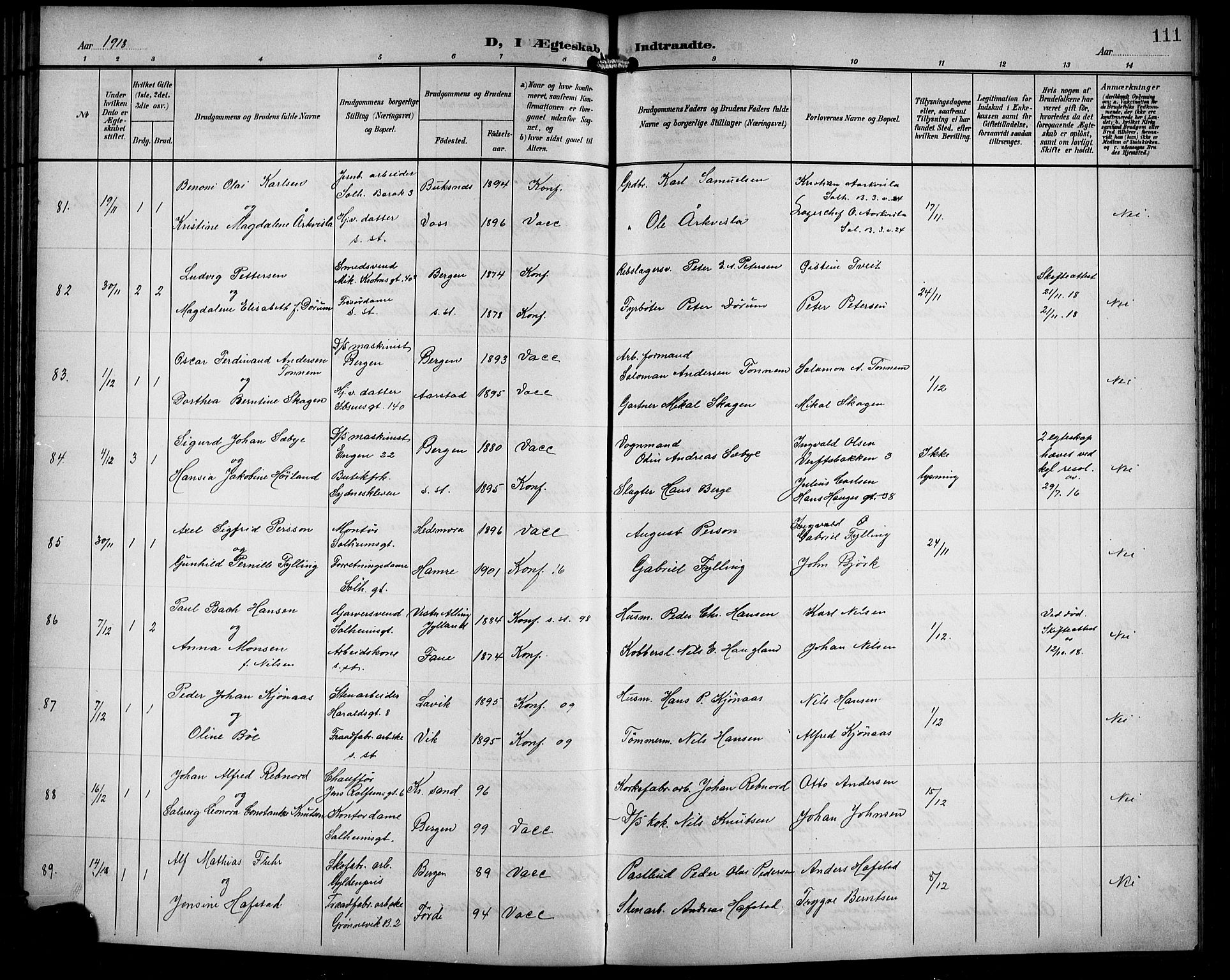 Årstad Sokneprestembete, AV/SAB-A-79301/H/Hab/L0018: Klokkerbok nr. C 1, 1902-1919, s. 111