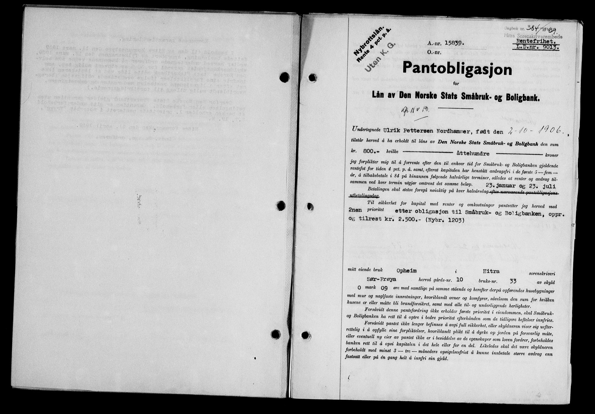 Hitra sorenskriveri, AV/SAT-A-0018/2/2C/2Ca/L0028: Pantebok nr. B-1, 1936-1939, Dagboknr: 384/1939
