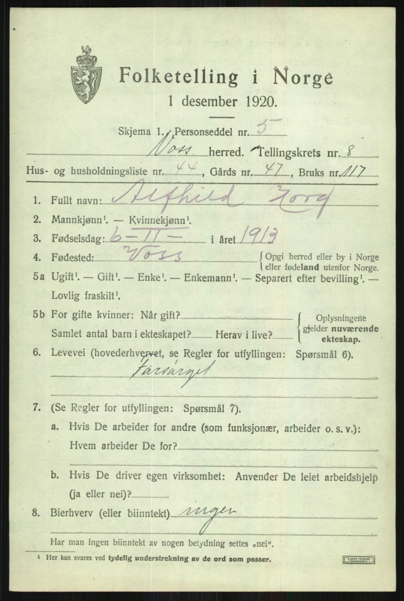 SAB, Folketelling 1920 for 1235 Voss herred, 1920, s. 8371