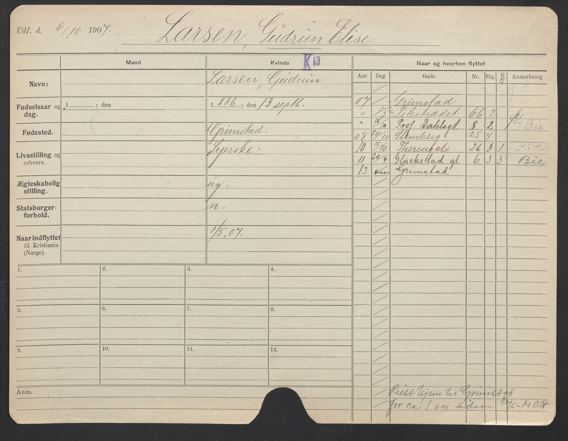 Oslo folkeregister, Registerkort, AV/SAO-A-11715/F/Fa/Fac/L0019: Kvinner, 1906-1914, s. 889a