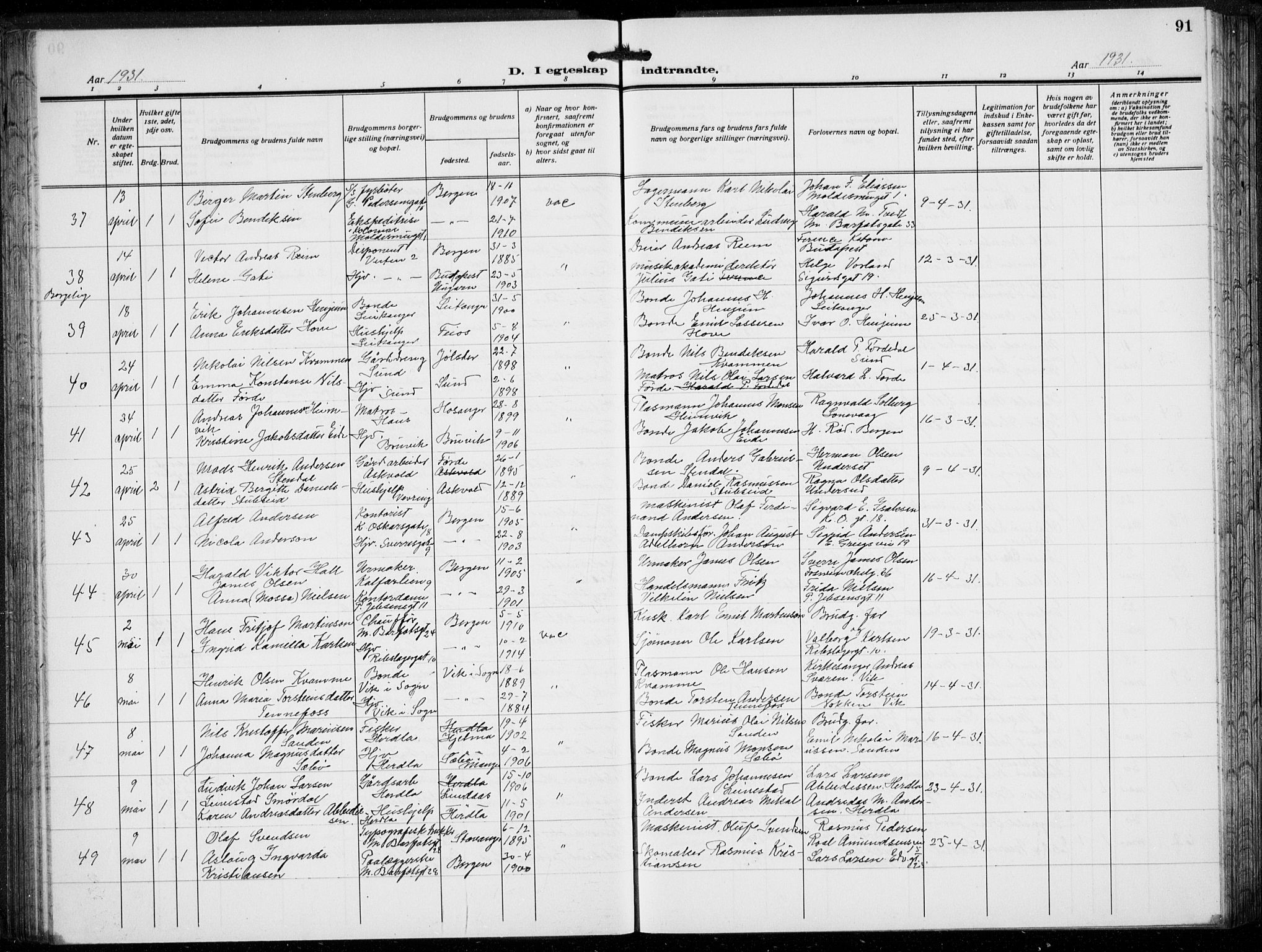 Domkirken sokneprestembete, AV/SAB-A-74801/H/Hab/L0034: Klokkerbok nr. D 6, 1924-1941, s. 91