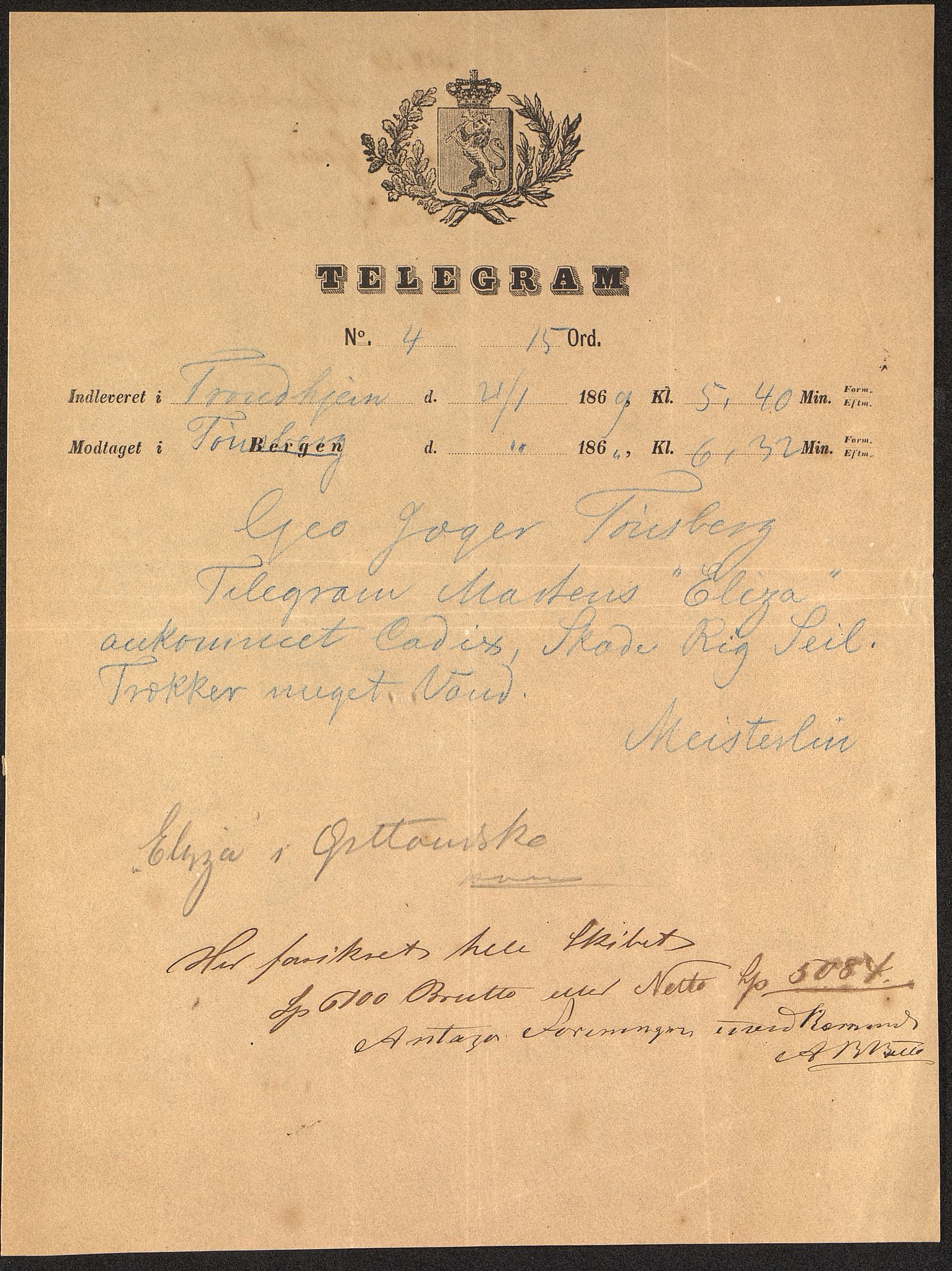 Pa 63 - Østlandske skibsassuranceforening, VEMU/A-1079/G/Ga/L0002/0011: Havaridokumenter / Eliza, 1869