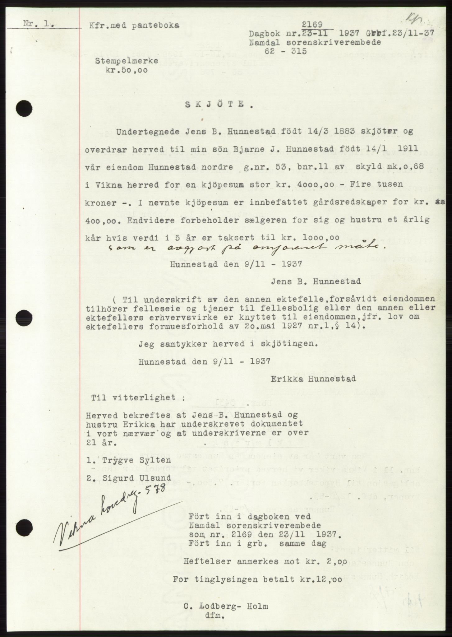 Namdal sorenskriveri, SAT/A-4133/1/2/2C: Pantebok nr. -, 1937-1939, Tingl.dato: 23.11.1937