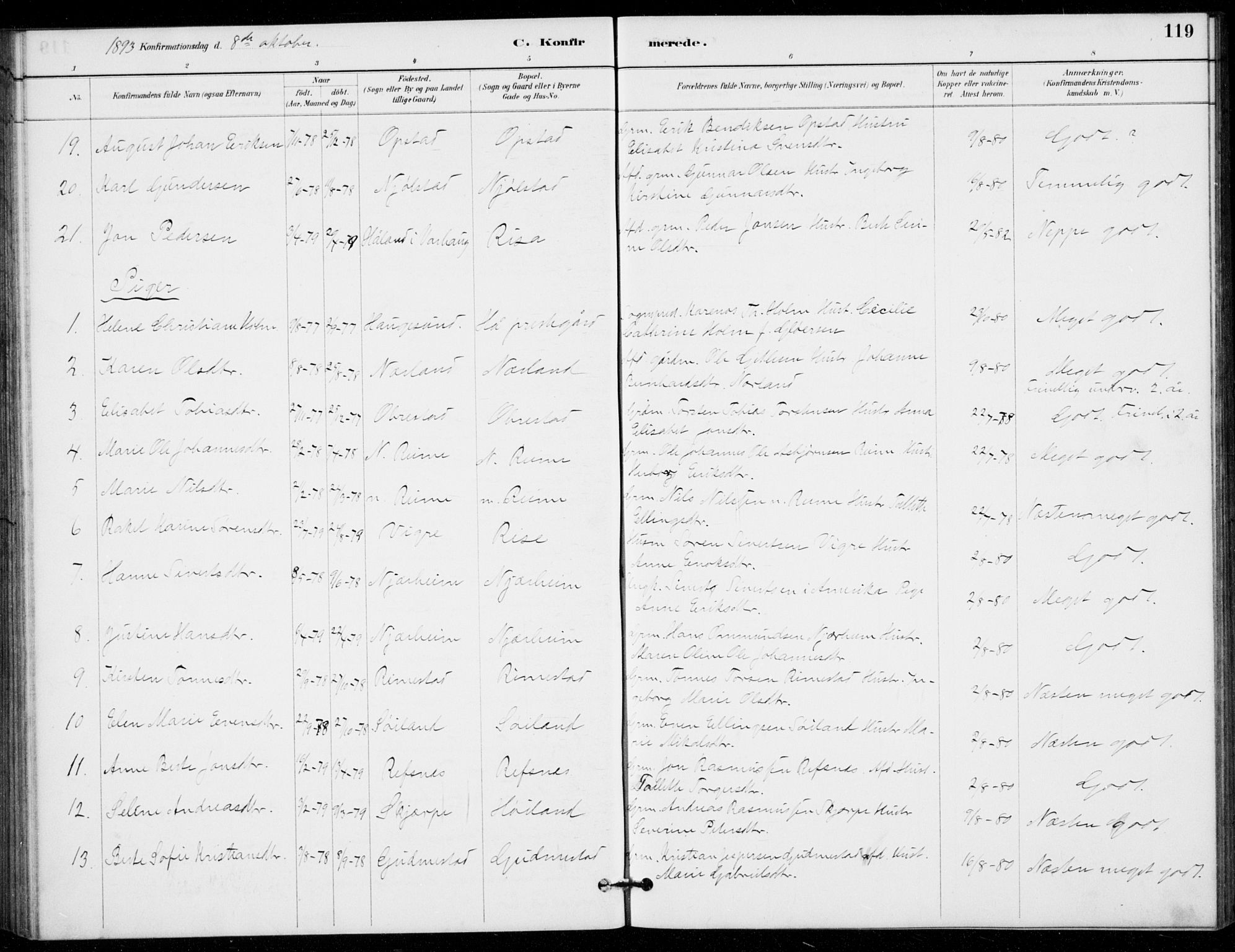 Hå sokneprestkontor, AV/SAST-A-101801/001/30BB/L0003: Klokkerbok nr. B 3, 1883-1894, s. 119