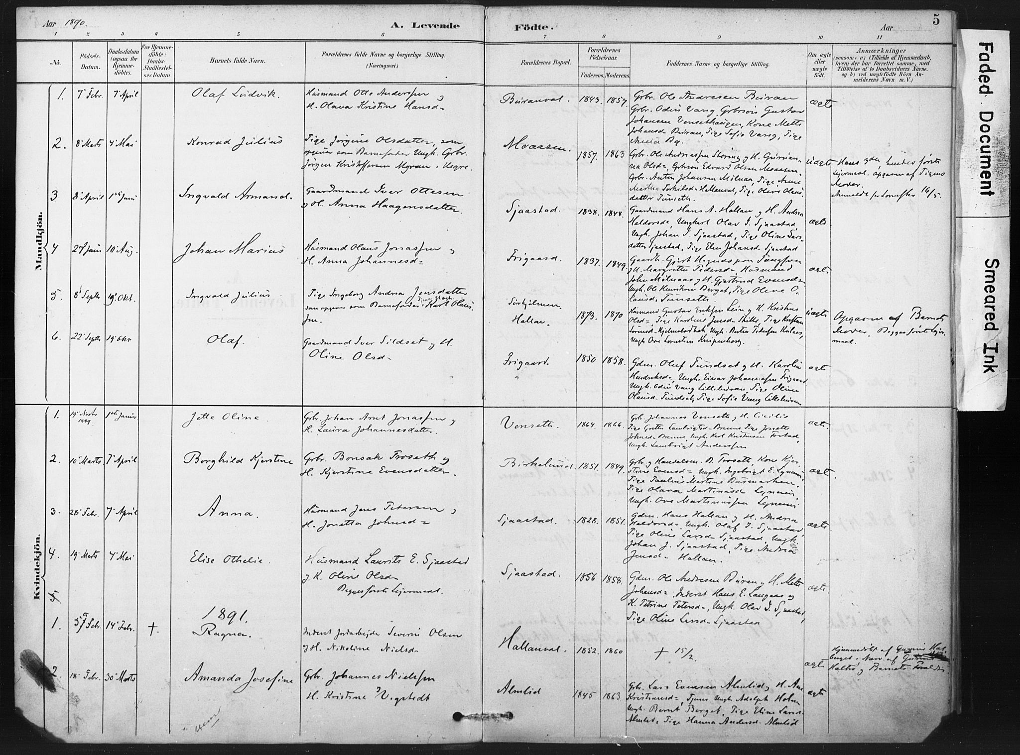 Ministerialprotokoller, klokkerbøker og fødselsregistre - Nord-Trøndelag, AV/SAT-A-1458/718/L0175: Ministerialbok nr. 718A01, 1890-1923, s. 5
