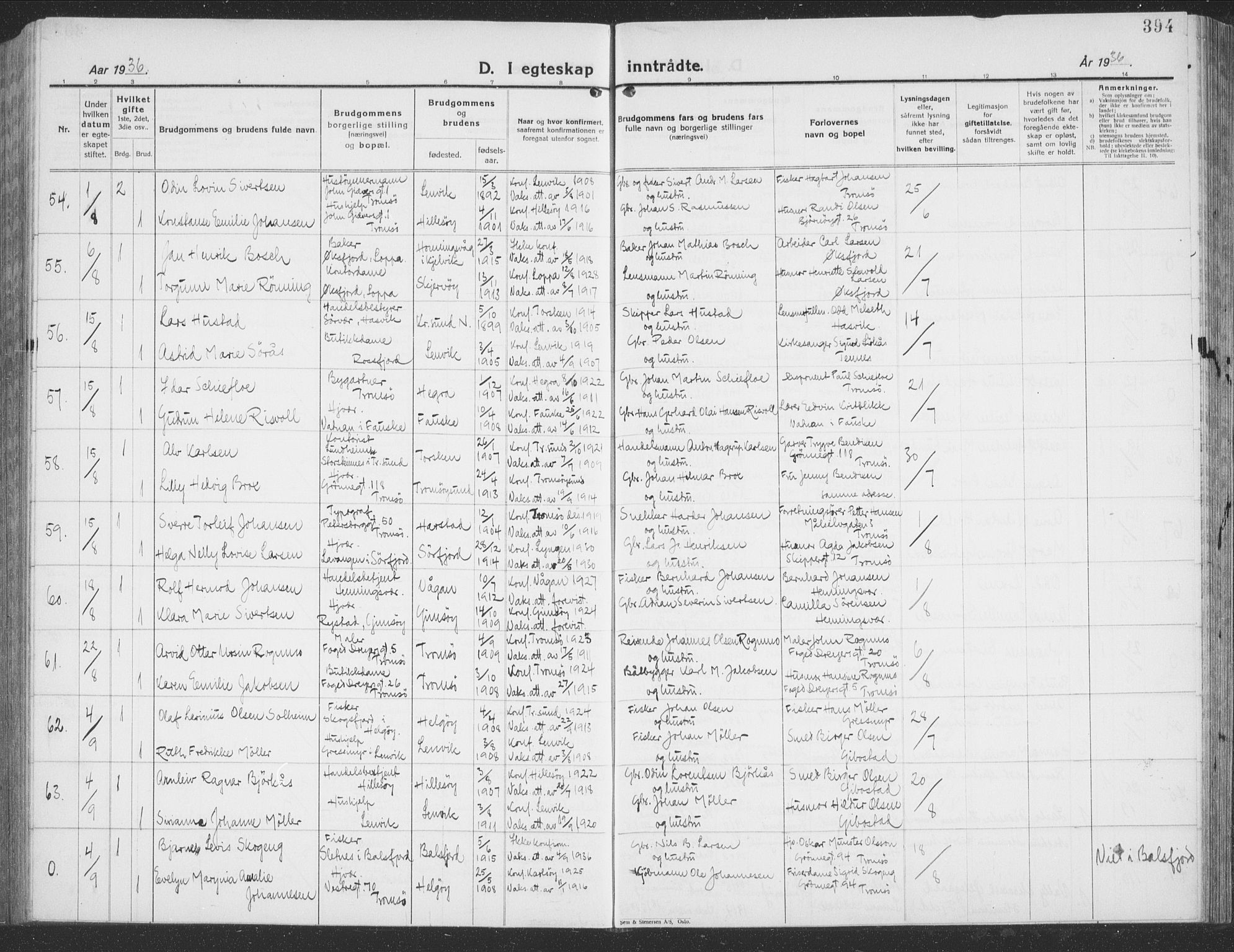 Tromsø sokneprestkontor/stiftsprosti/domprosti, AV/SATØ-S-1343/G/Gb/L0010klokker: Klokkerbok nr. 10, 1925-1937, s. 394