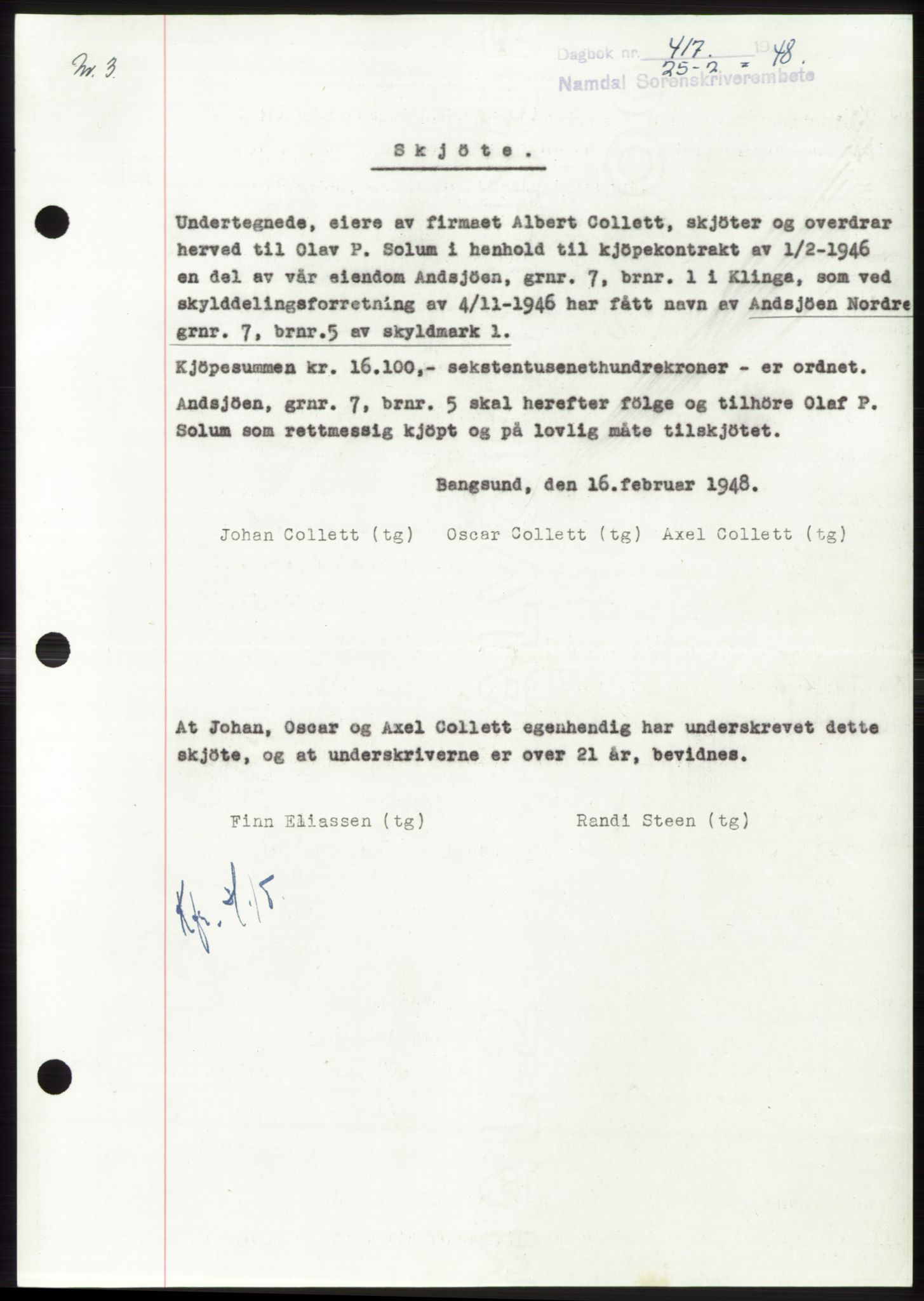 Namdal sorenskriveri, SAT/A-4133/1/2/2C: Pantebok nr. -, 1947-1948, Dagboknr: 417/1948