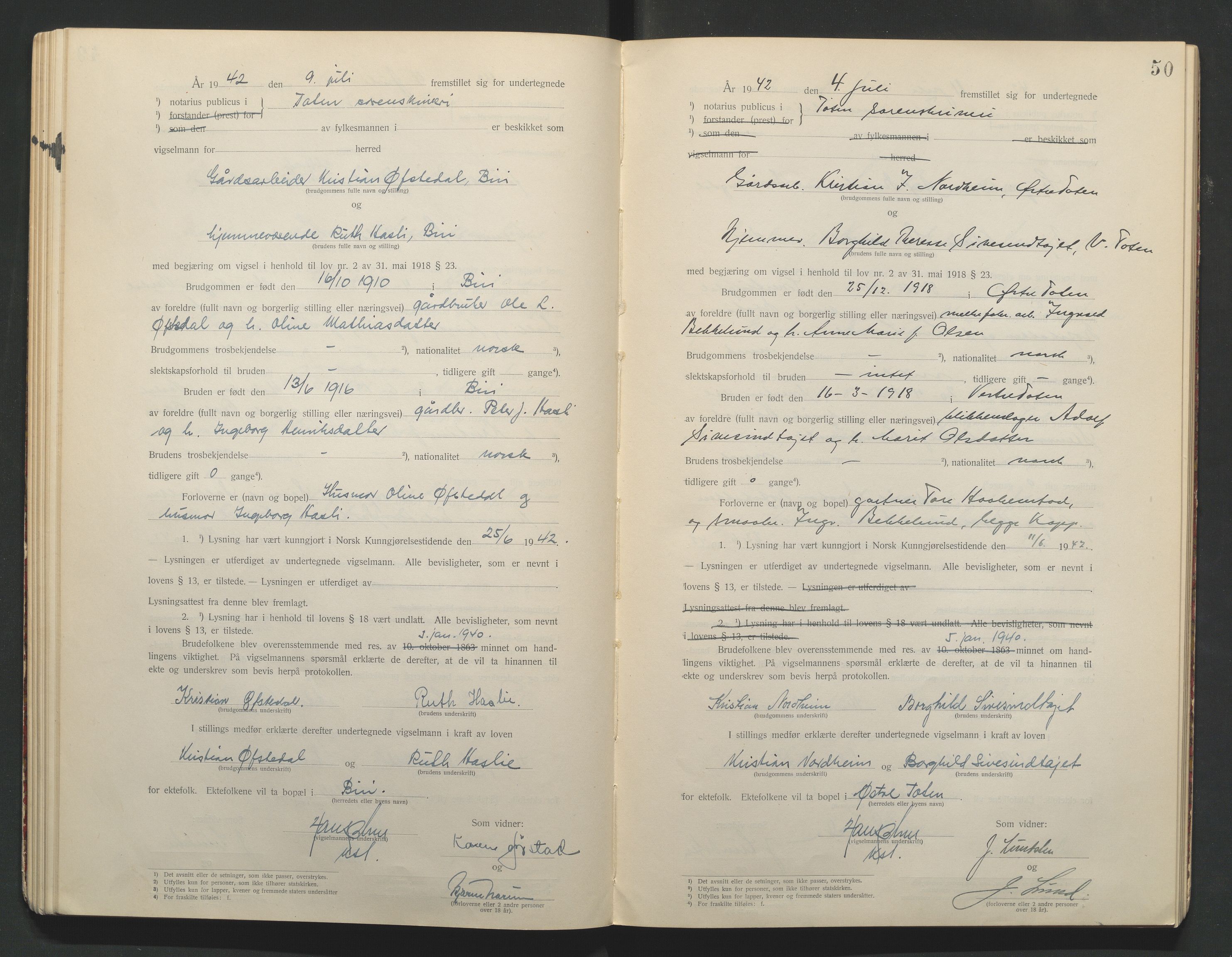 Toten tingrett, AV/SAH-TING-006/L/Lc/L0001: Vigselbok, 1920-1942, s. 50