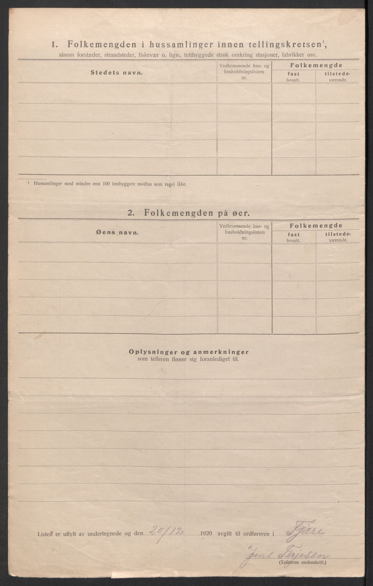 SAK, Folketelling 1920 for 0923 Fjære herred, 1920, s. 8