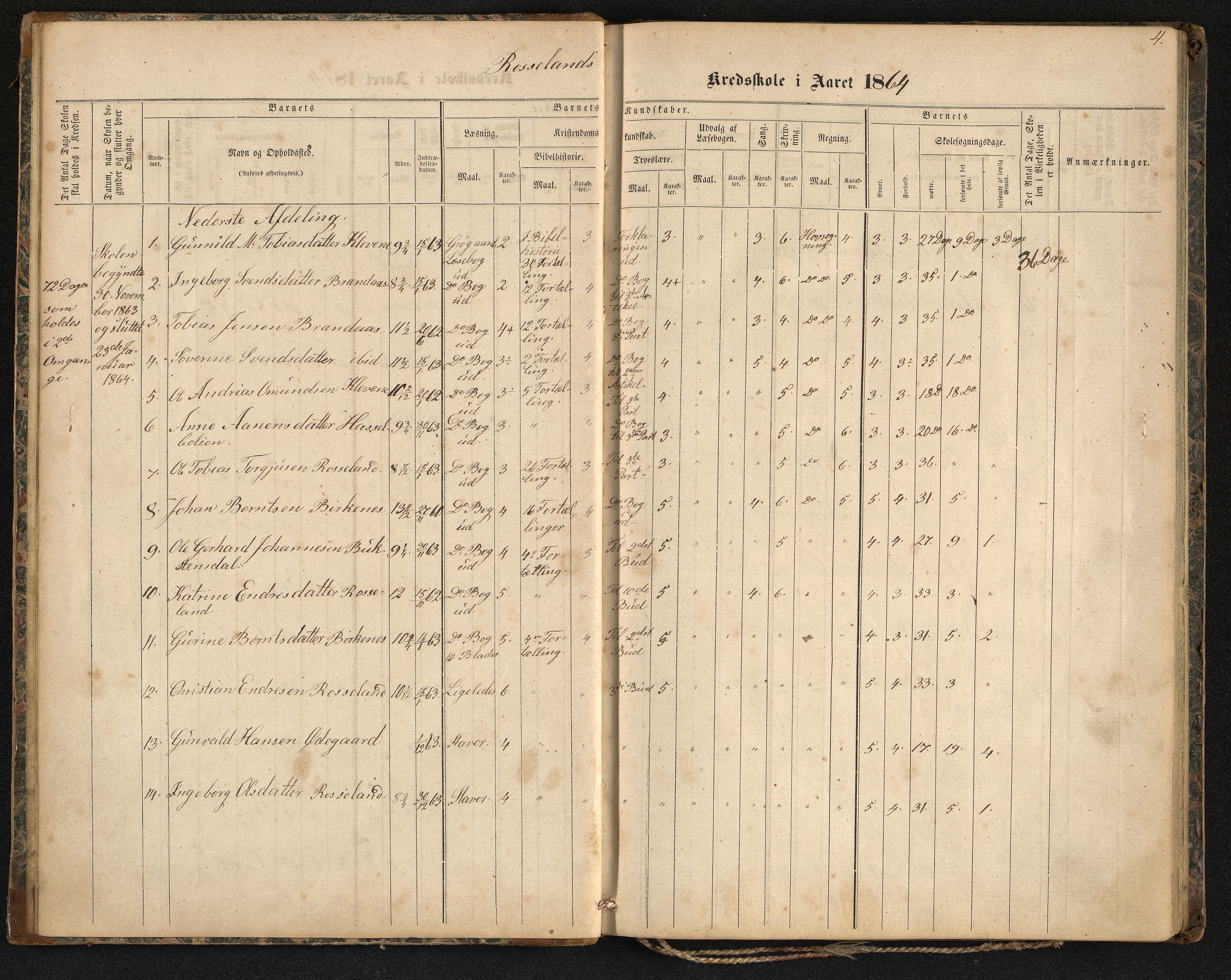 Søgne og Greipstad kommune - Rosseland og Nodeland Krets, ARKSOR/1018SG560/H/L0001: Skoleprotokoll, 1864-1887