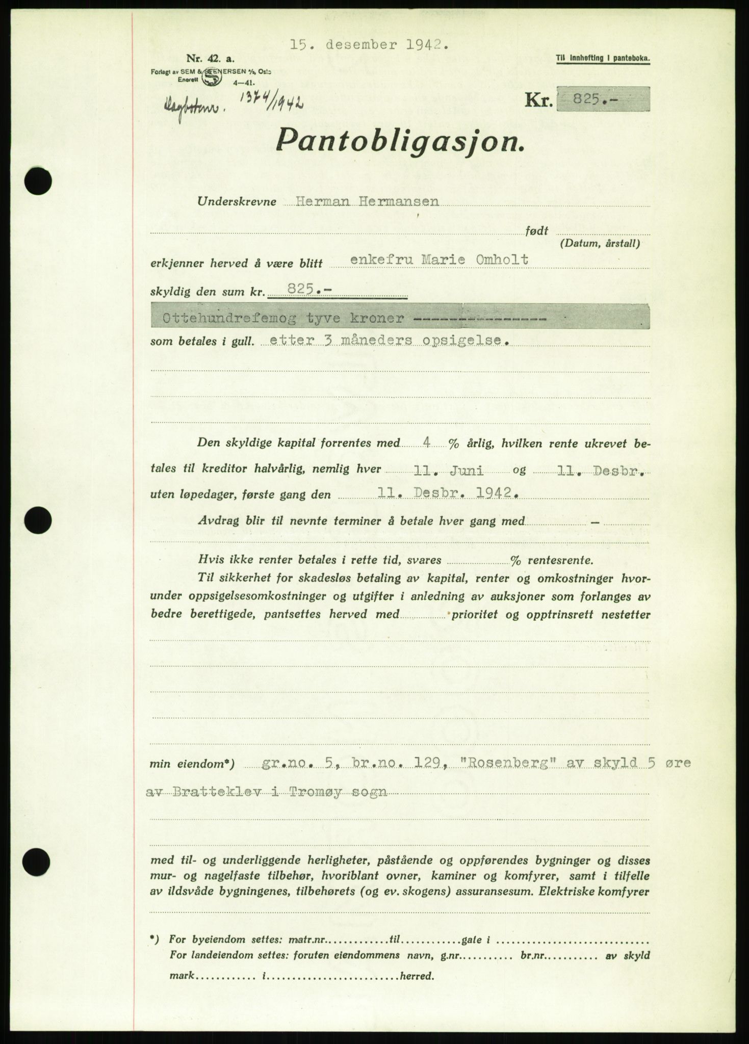 Nedenes sorenskriveri, SAK/1221-0006/G/Gb/Gbb/L0002: Pantebok nr. II, 1942-1945, Dagboknr: 1374/1942