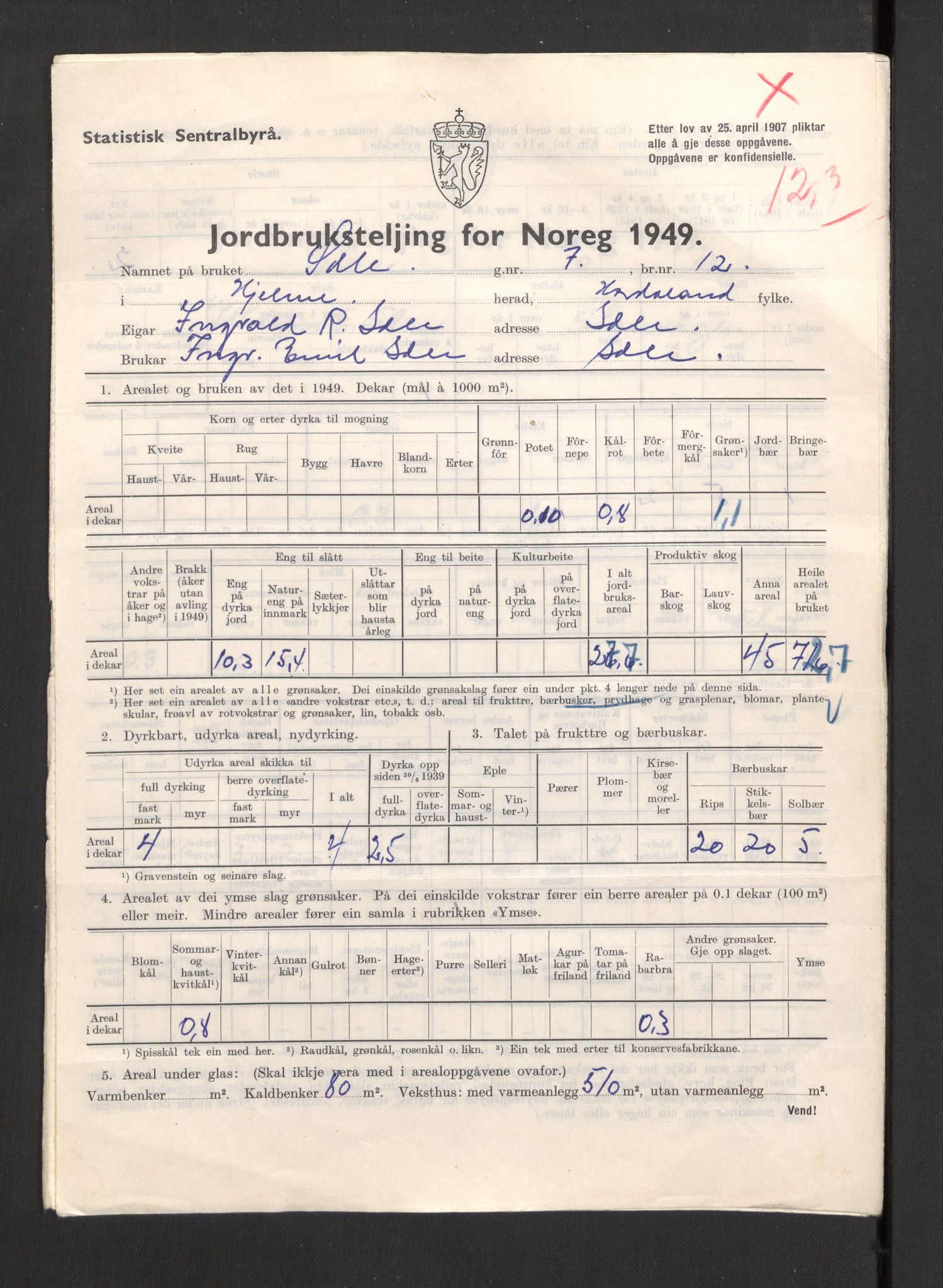 Statistisk sentralbyrå, Næringsøkonomiske emner, Jordbruk, skogbruk, jakt, fiske og fangst, AV/RA-S-2234/G/Gc/L0276: Hordaland: Herdla og Hjelme, 1949, s. 1332