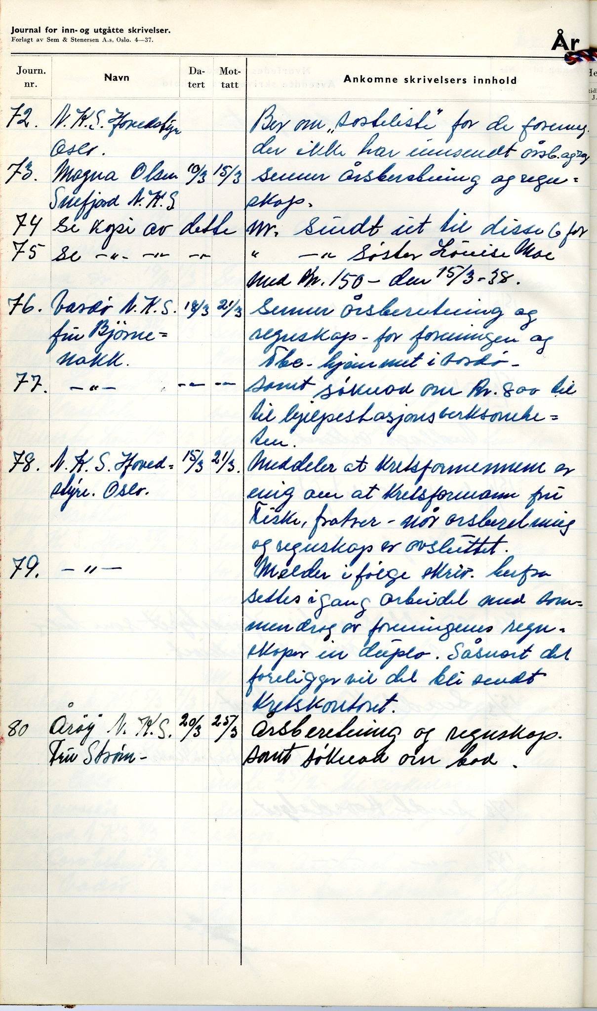 Norske Kvinners Sanitetsforening Finnmark , FMFB/A-1006/C/L0008: Journal for inn- og utgåtte brev, 1938-1944