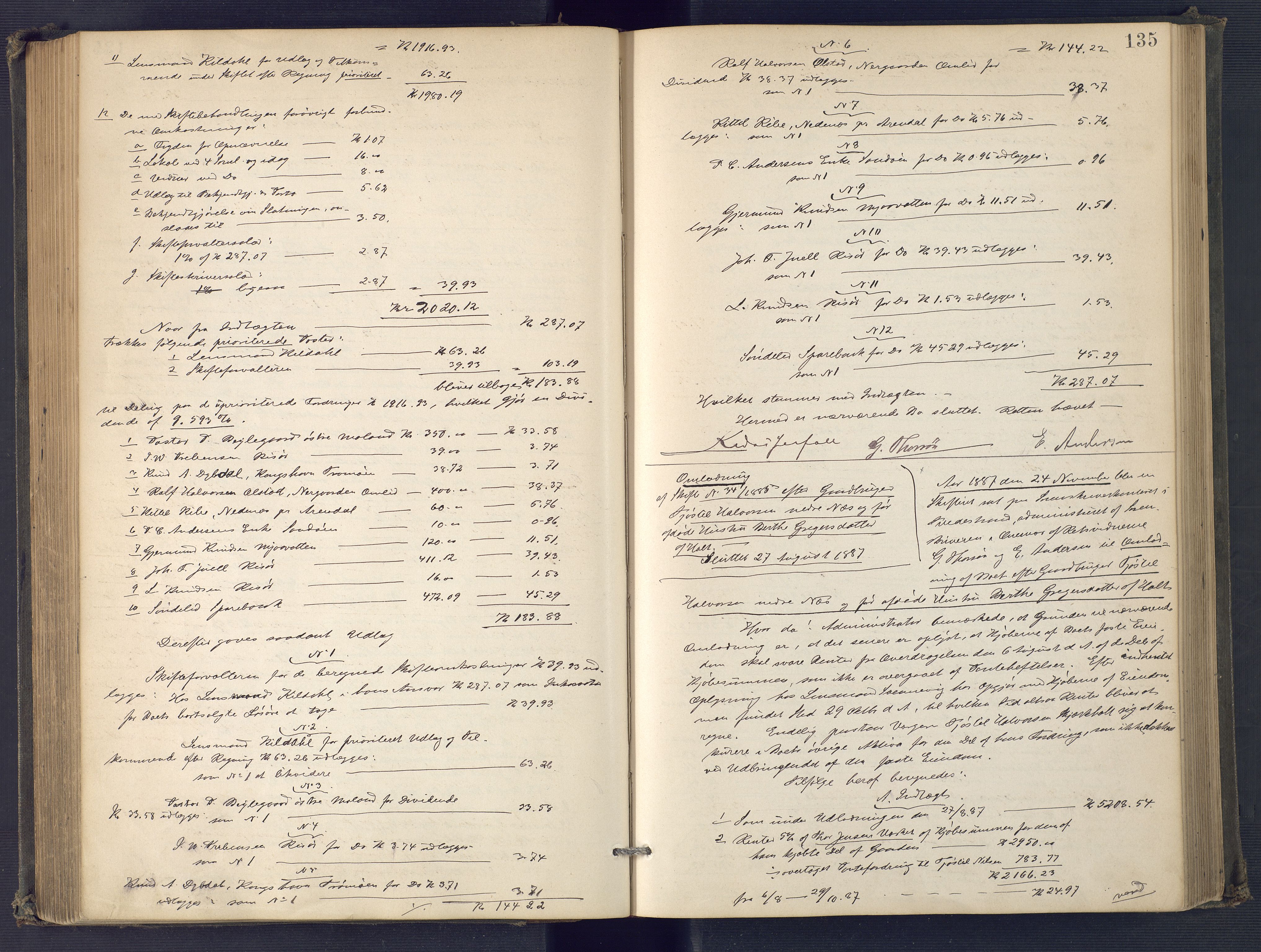Holt sorenskriveri, SAK/1221-0002/H/Hc/L0034: Skifteutlodningsprotokoll nr. 9, 1884-1890, s. 134b-135a