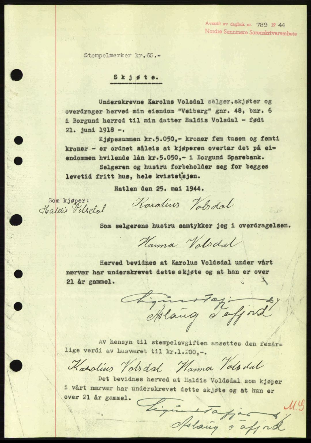 Nordre Sunnmøre sorenskriveri, SAT/A-0006/1/2/2C/2Ca: Pantebok nr. A18, 1944-1944, Dagboknr: 789/1944