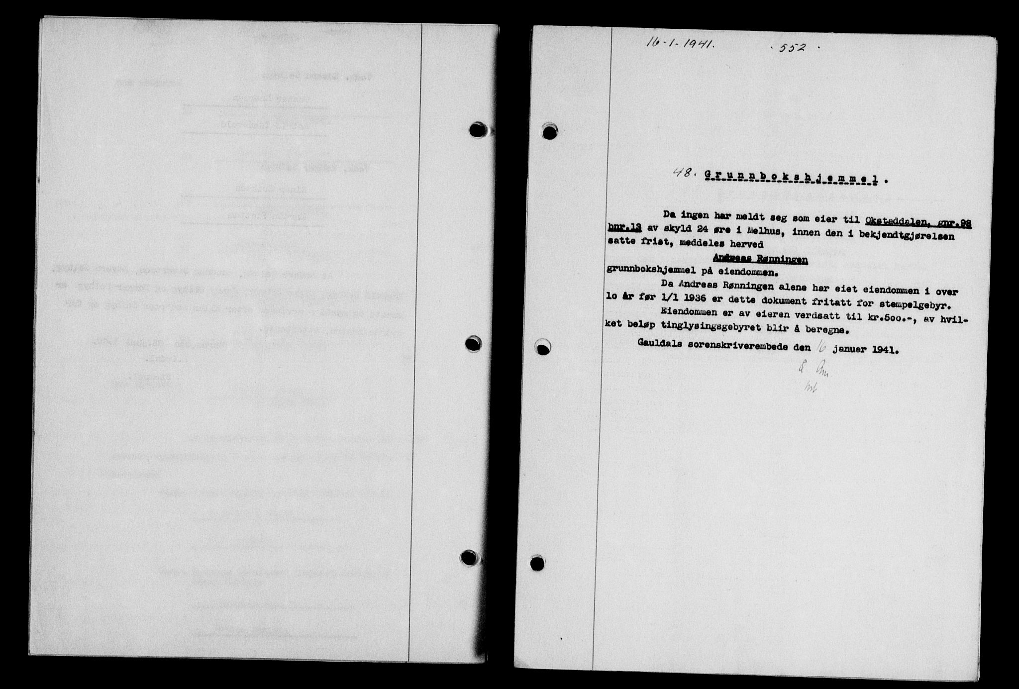 Gauldal sorenskriveri, SAT/A-0014/1/2/2C/L0052: Pantebok nr. 57, 1940-1941, Dagboknr: 48/1941