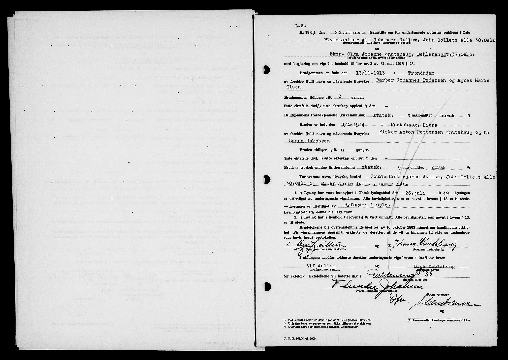 Oslo byfogd avd. I, SAO/A-10220/L/Lb/Lbb/L0067: Notarialprotokoll, rekke II: Vigsler, 1949