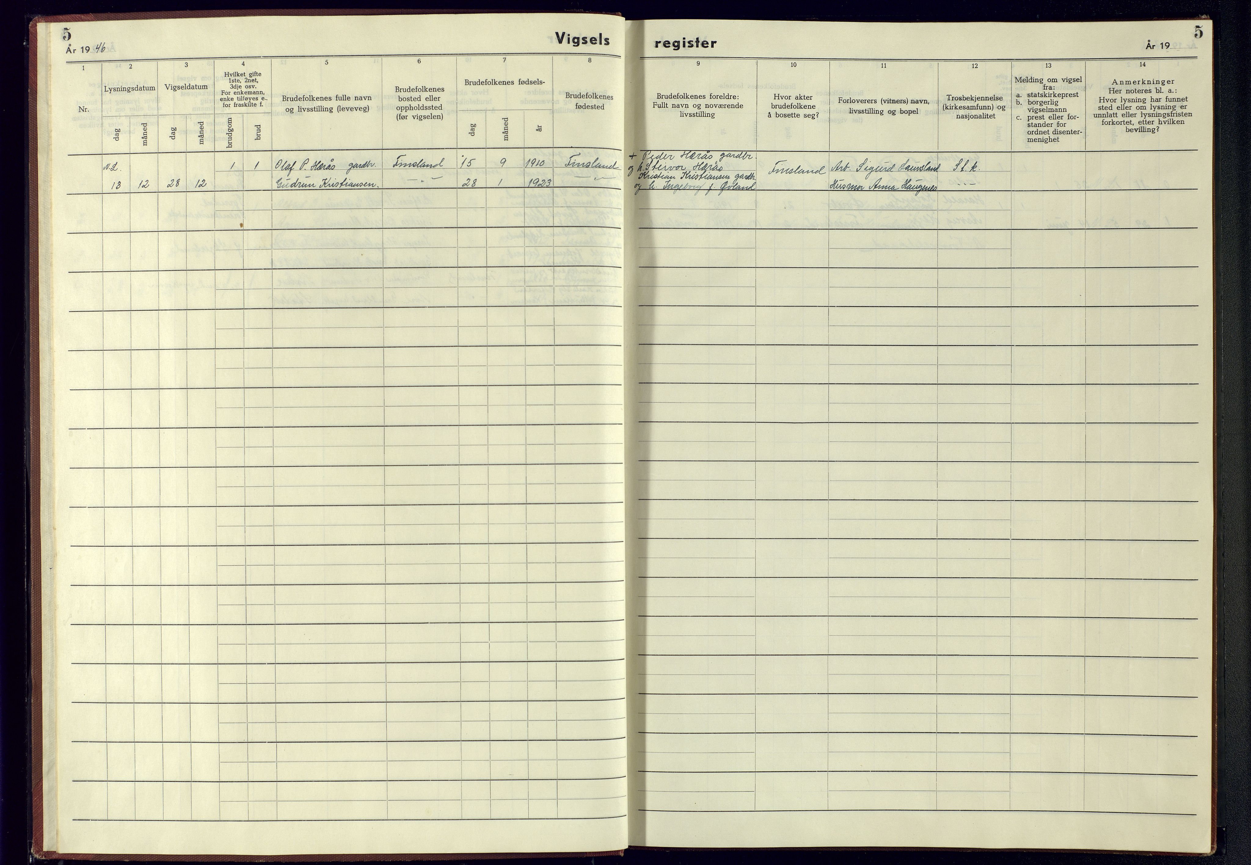 Bjelland sokneprestkontor, SAK/1111-0005/J/Jb/L0009: Vigselsregister nr. II.6.9, 1942-1956, s. 5