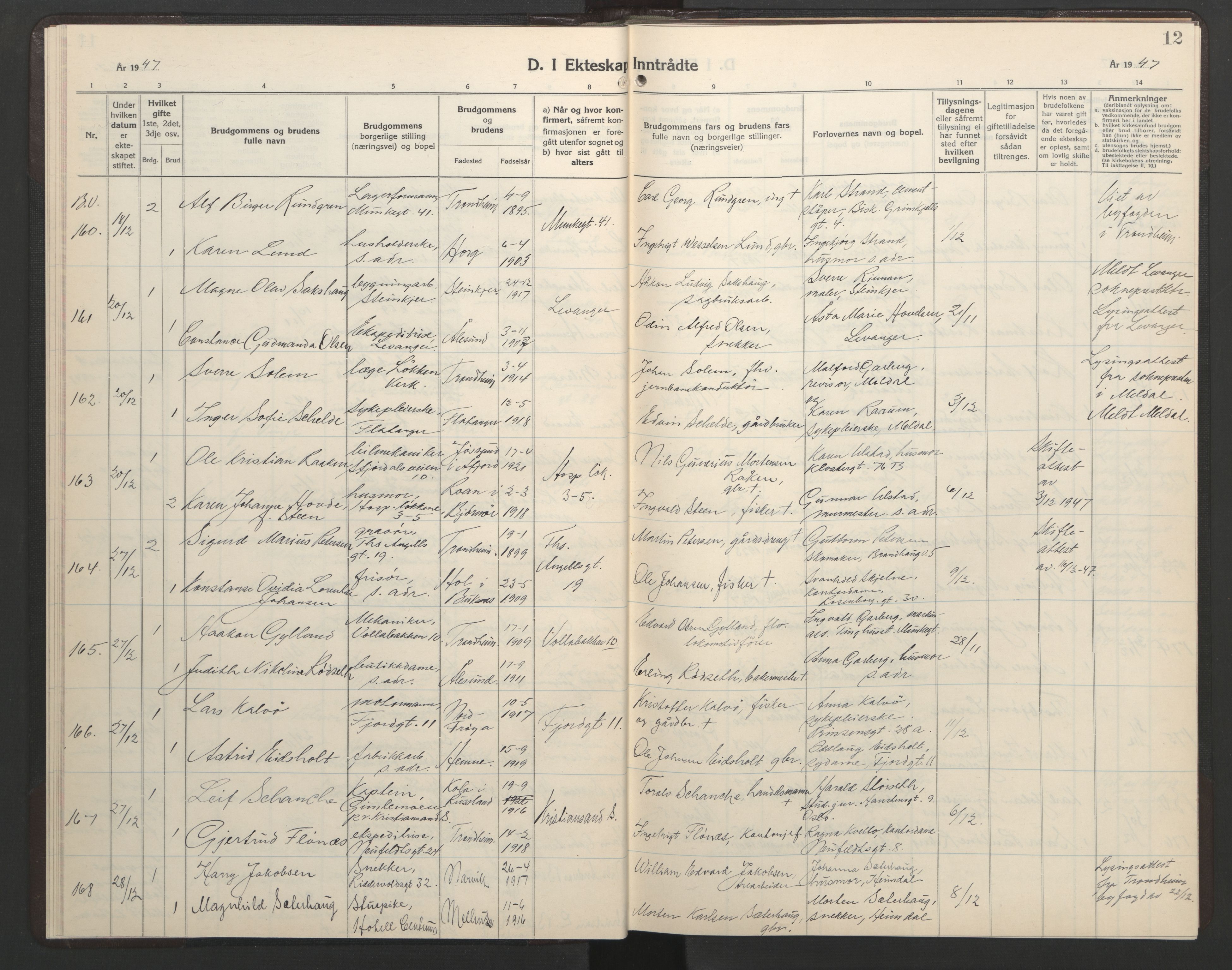 Ministerialprotokoller, klokkerbøker og fødselsregistre - Sør-Trøndelag, AV/SAT-A-1456/602/L0155: Klokkerbok nr. 602C23, 1947-1950, s. 12