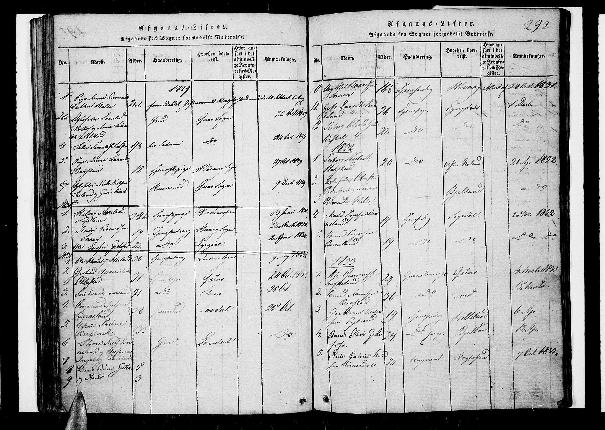 Nord-Audnedal sokneprestkontor, SAK/1111-0032/F/Fb/Fba/L0001: Klokkerbok nr. B 1, 1815-1856, s. 292