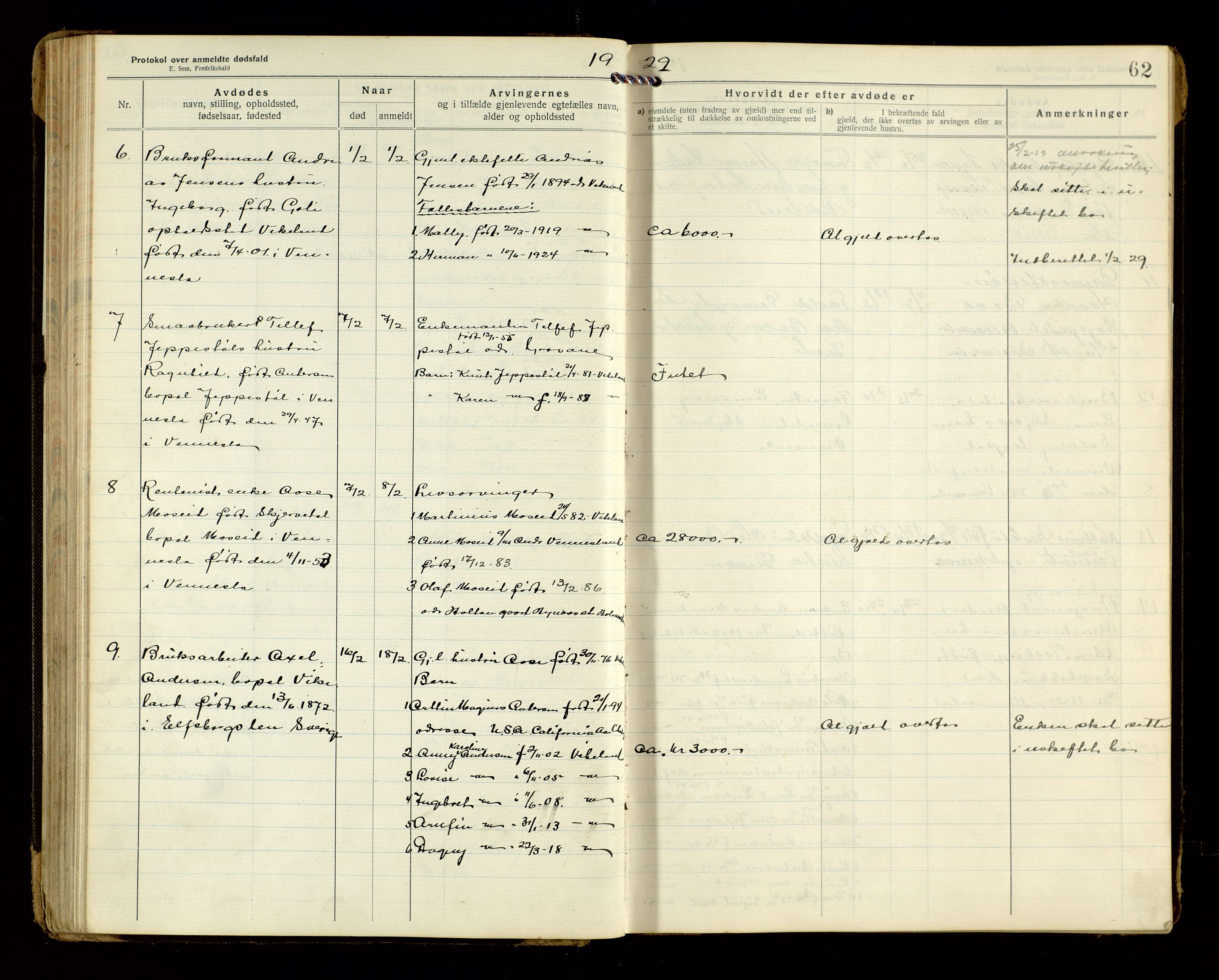 Vennesla og Iveland lensmannskontor, AV/SAK-1241-0050/F/Fe/L0001: Dødsfallsprotokoll nr 7, 1920-1940, s. 62