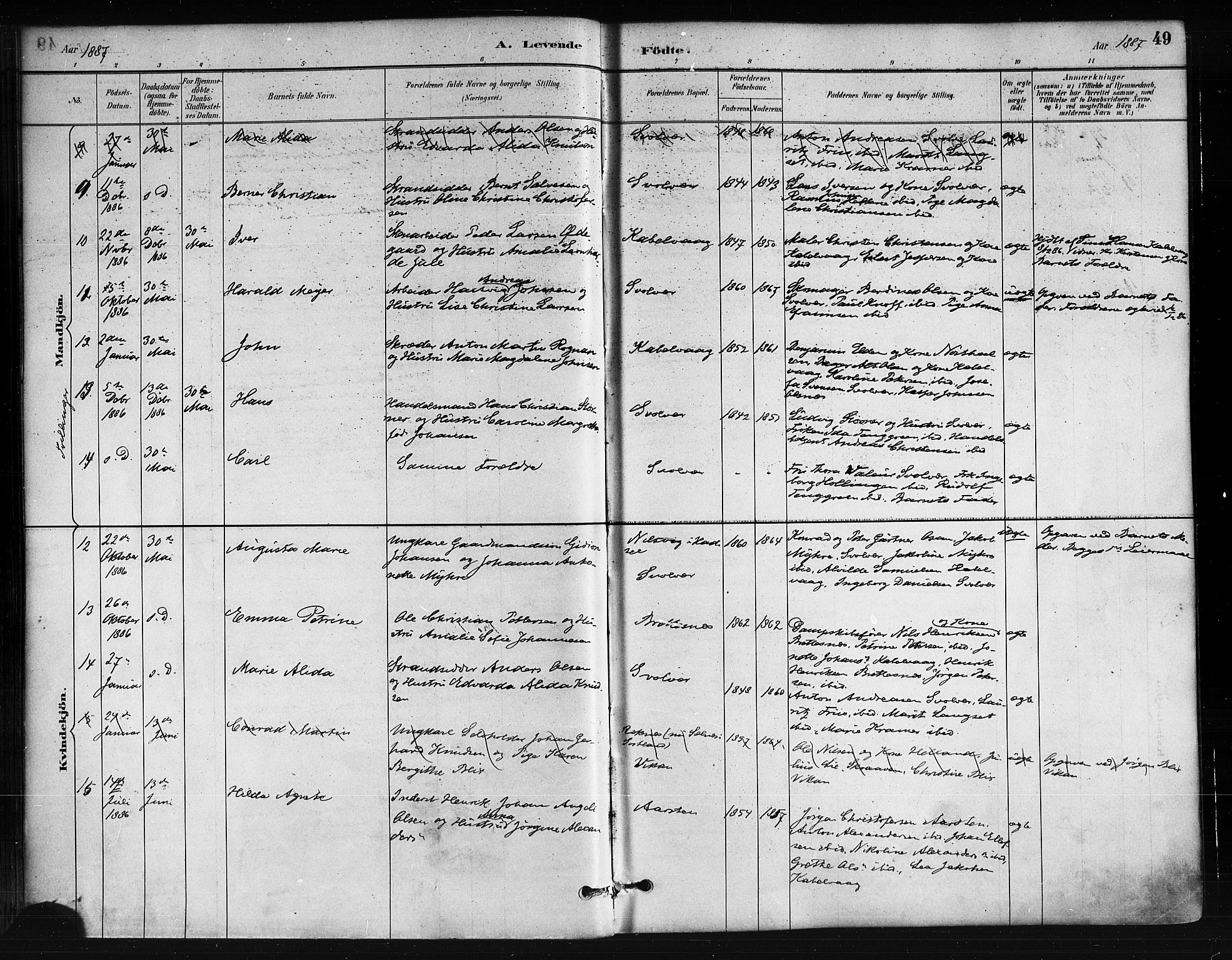 Ministerialprotokoller, klokkerbøker og fødselsregistre - Nordland, SAT/A-1459/874/L1059: Ministerialbok nr. 874A03, 1884-1890, s. 49