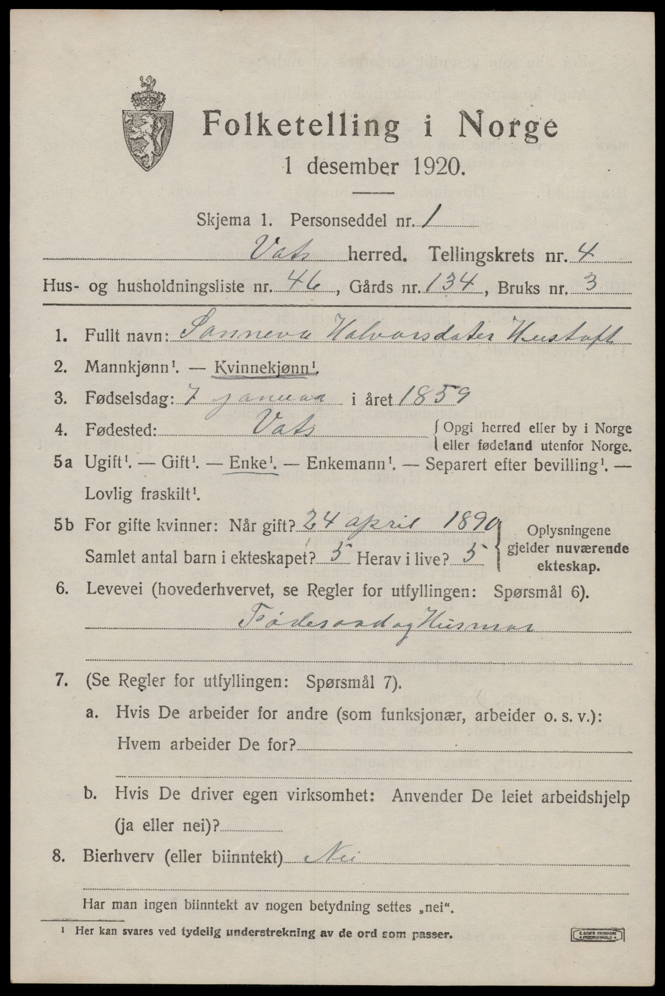 SAST, Folketelling 1920 for 1155 Vats herred, 1920, s. 1879