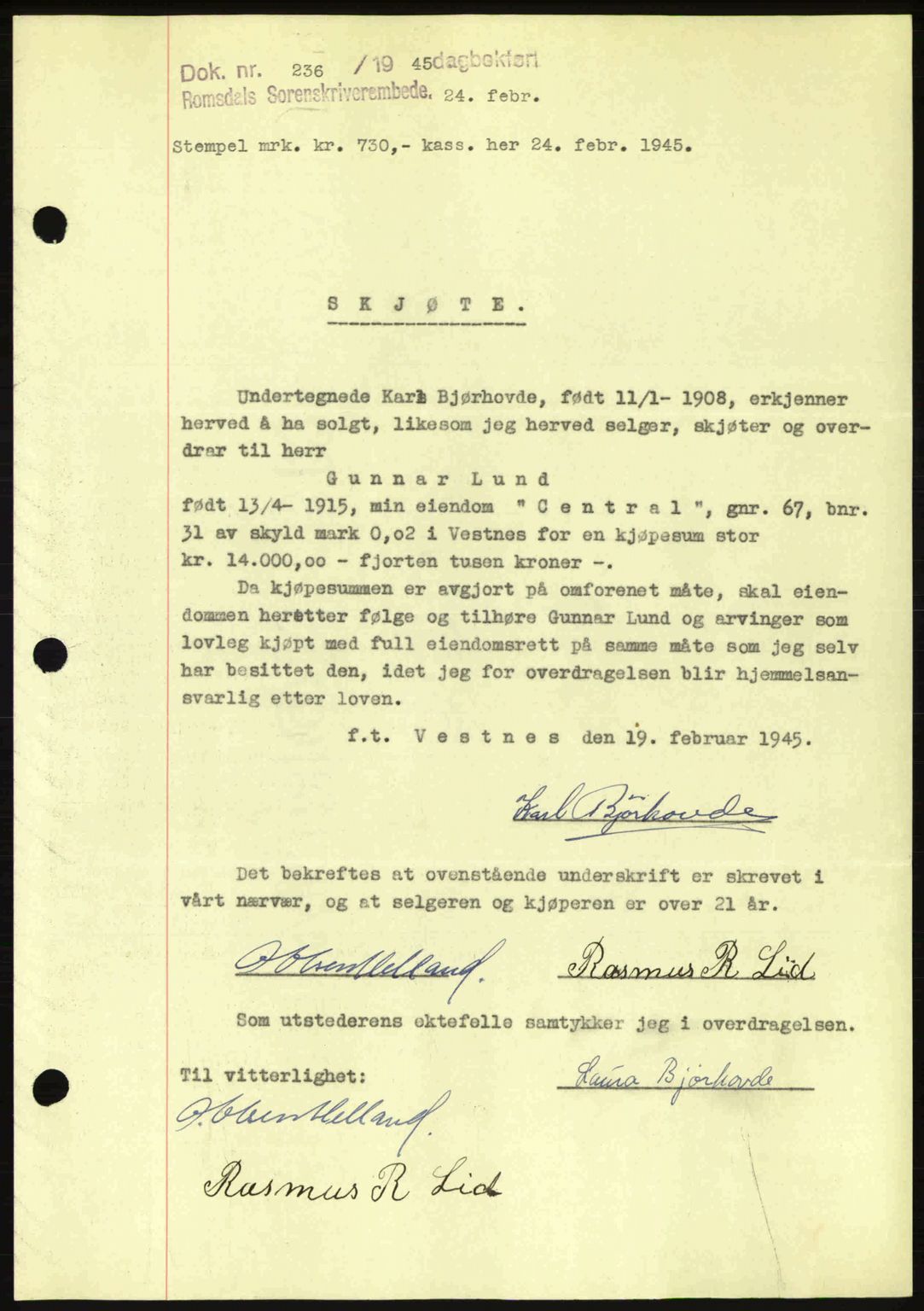 Romsdal sorenskriveri, SAT/A-4149/1/2/2C: Pantebok nr. A17, 1944-1945, Dagboknr: 236/1945