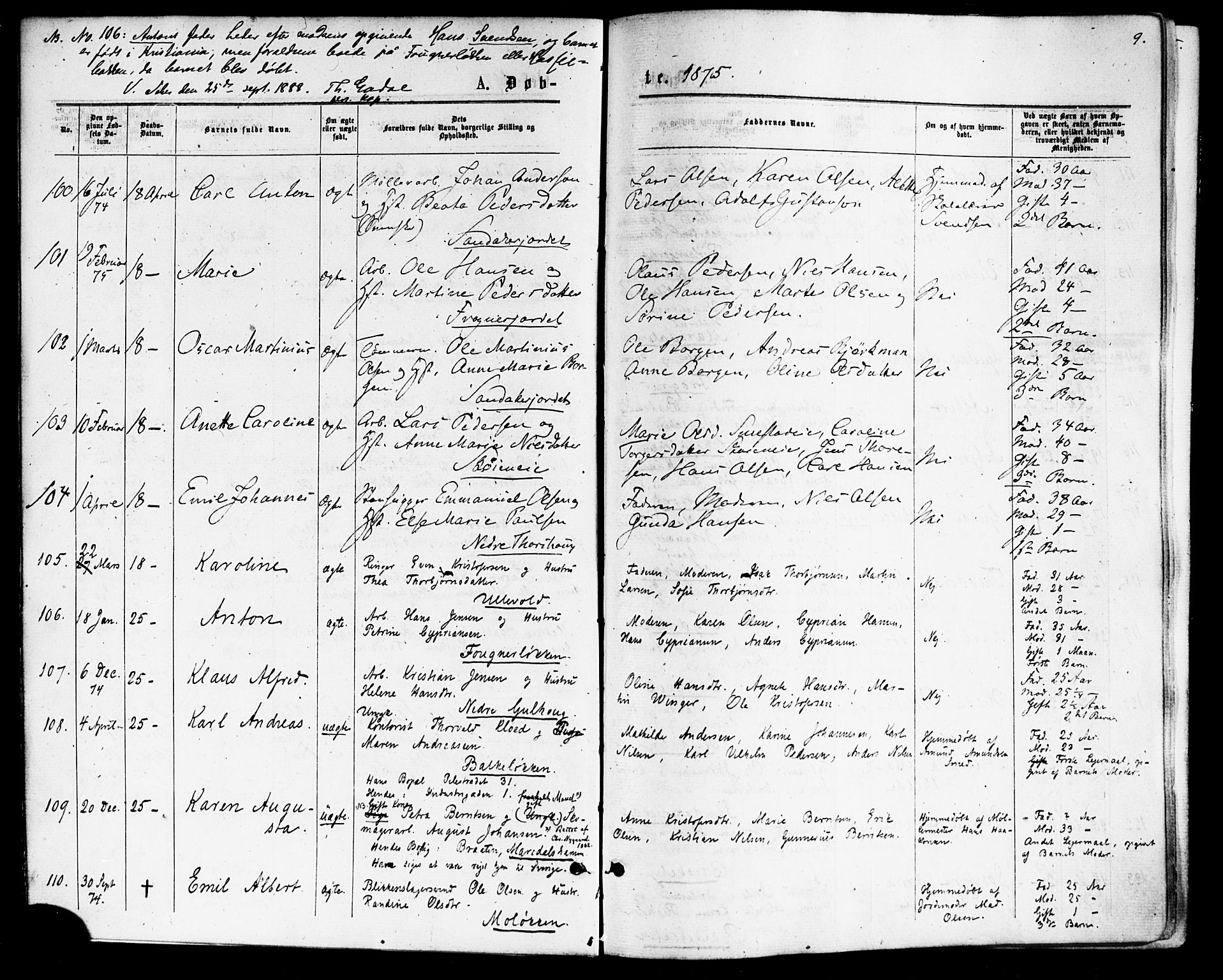 Vestre Aker prestekontor Kirkebøker, AV/SAO-A-10025/F/Fa/L0007: Ministerialbok nr. 7, 1875-1886, s. 9