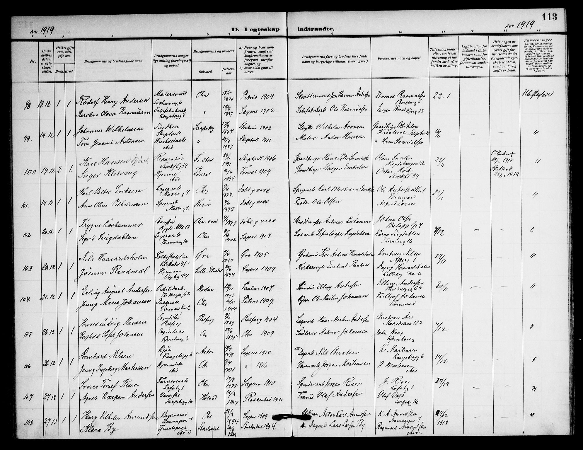 Sagene prestekontor Kirkebøker, AV/SAO-A-10796/F/L0009: Ministerialbok nr. 9, 1911-1920, s. 113