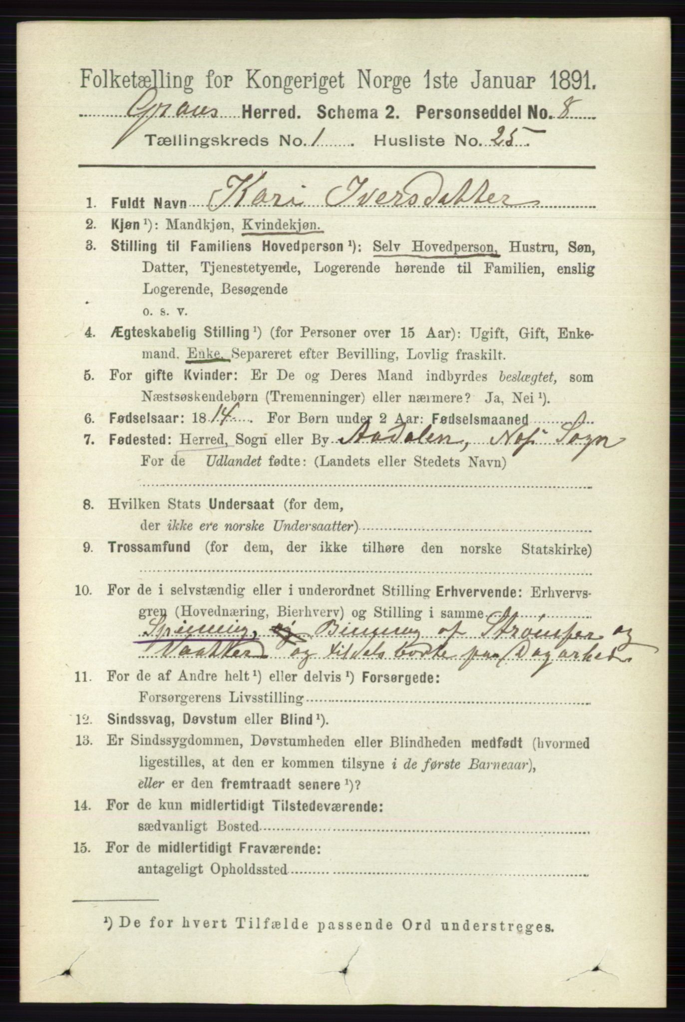 RA, Folketelling 1891 for 0534 Gran herred, 1891, s. 225