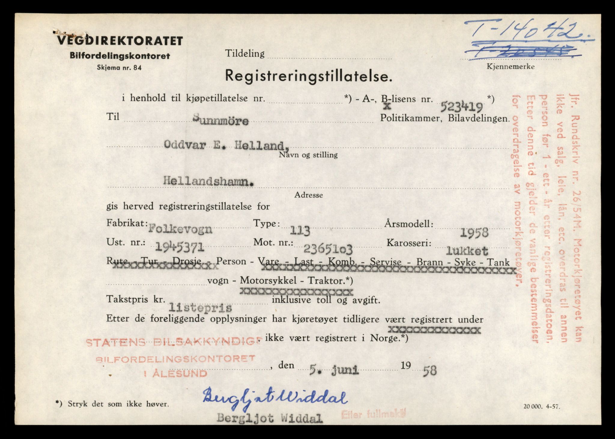Møre og Romsdal vegkontor - Ålesund trafikkstasjon, AV/SAT-A-4099/F/Fe/L0042: Registreringskort for kjøretøy T 13906 - T 14079, 1927-1998, s. 2259