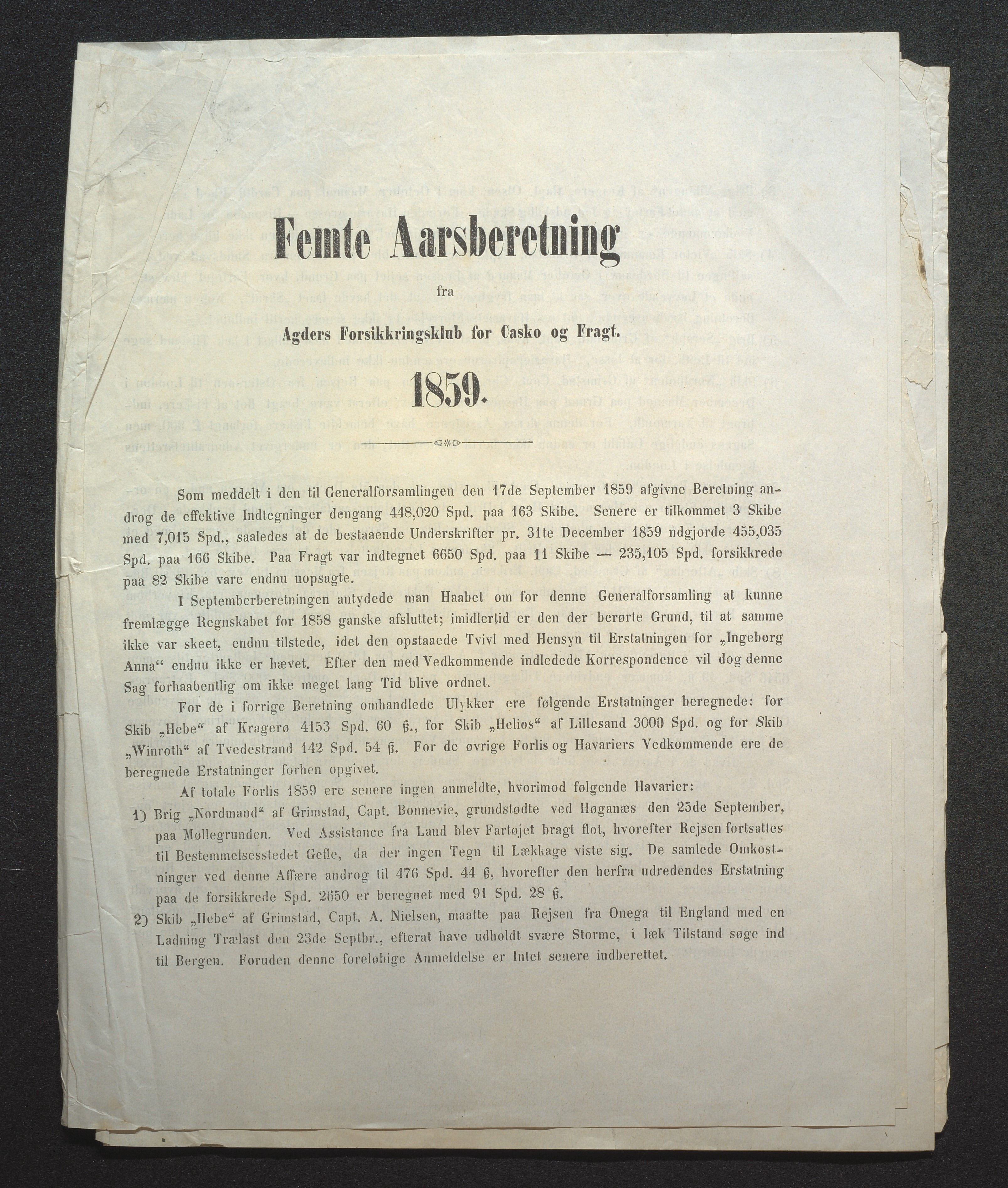 Agders Gjensidige Assuranceforening, AAKS/PA-1718/05/L0001: Regnskap, seilavdeling, pakkesak, 1855-1880