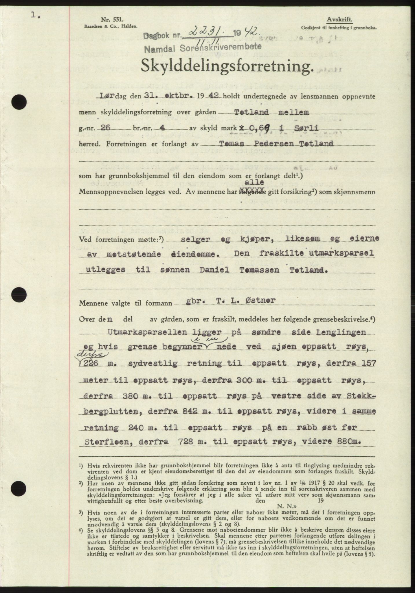 Namdal sorenskriveri, SAT/A-4133/1/2/2C: Pantebok nr. -, 1942-1943, Dagboknr: 2231/1942