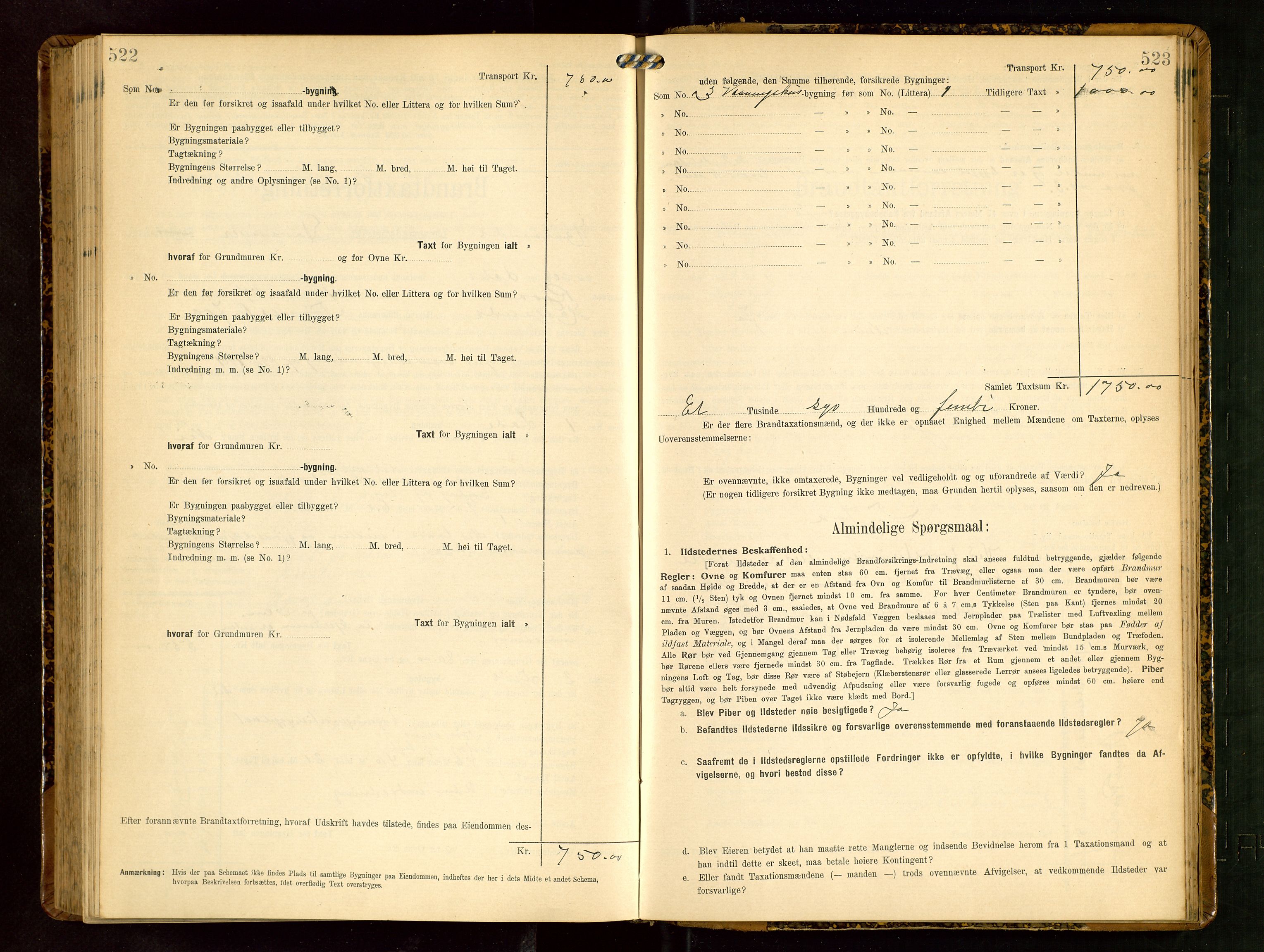 Håland lensmannskontor, AV/SAST-A-100100/Gob/L0003: Branntakstprotokoll - skjematakst. Register i boken., 1909-1910, s. 522-523