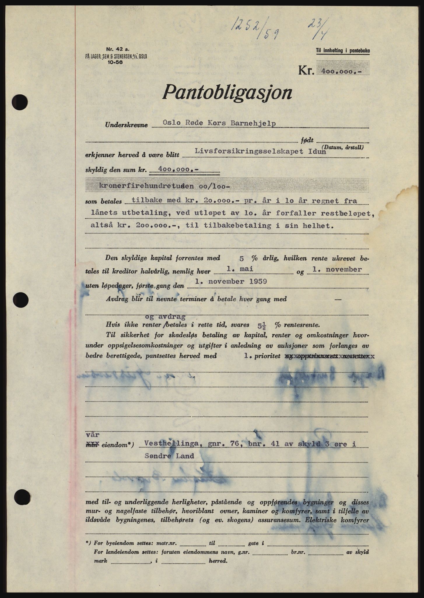 Hadeland og Land tingrett, SAH/TING-010/H/Hb/Hbc/L0040: Pantebok nr. B40, 1959-1959, Dagboknr: 1252/1959