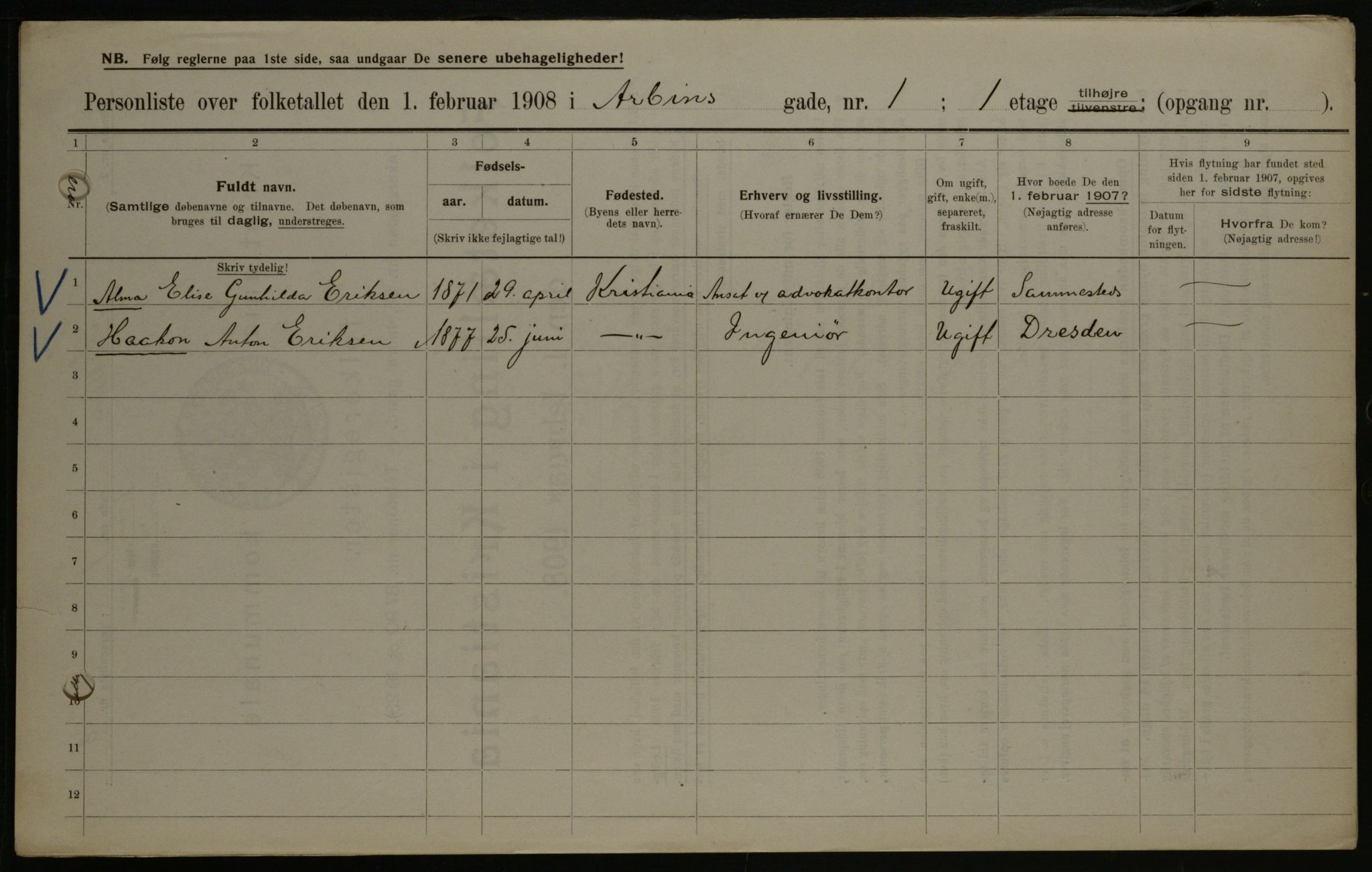 OBA, Kommunal folketelling 1.2.1908 for Kristiania kjøpstad, 1908, s. 1745