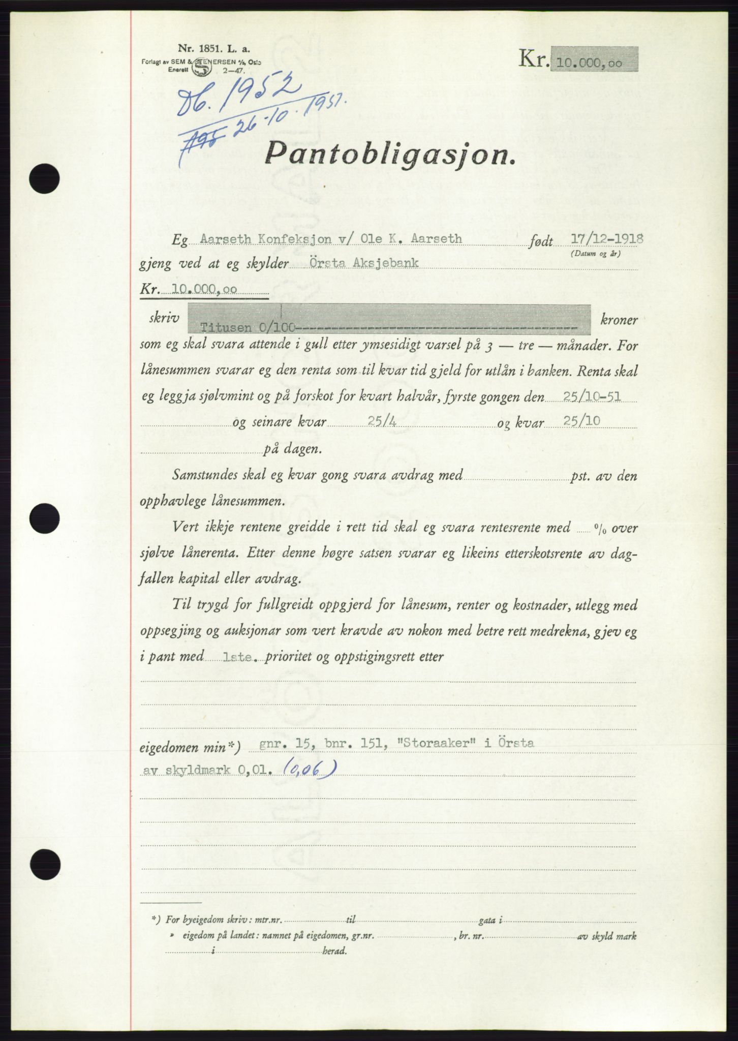 Søre Sunnmøre sorenskriveri, AV/SAT-A-4122/1/2/2C/L0120: Pantebok nr. 8B, 1951-1951, Dagboknr: 1952/1951