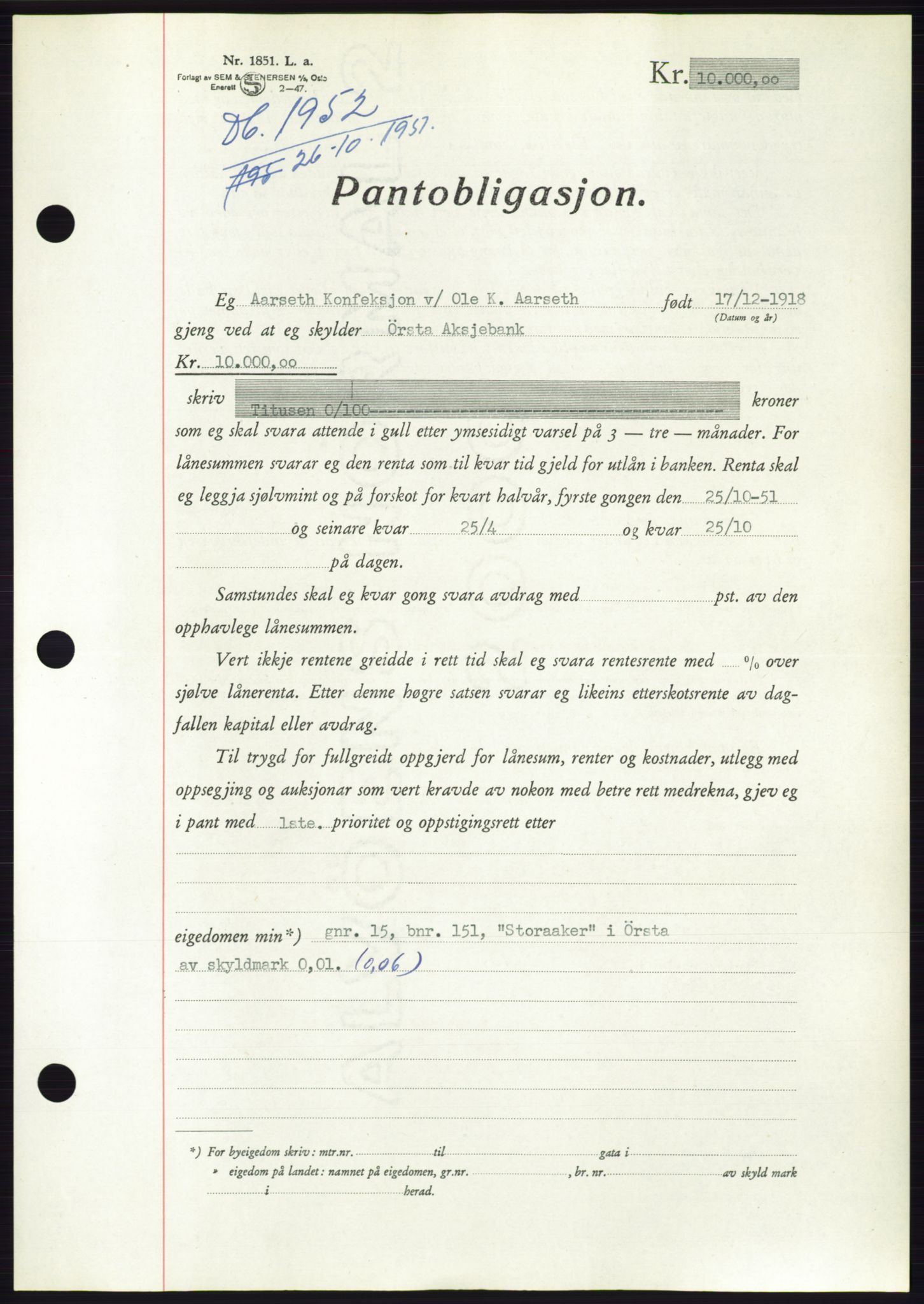 Søre Sunnmøre sorenskriveri, SAT/A-4122/1/2/2C/L0120: Pantebok nr. 8B, 1951-1951, Dagboknr: 1952/1951