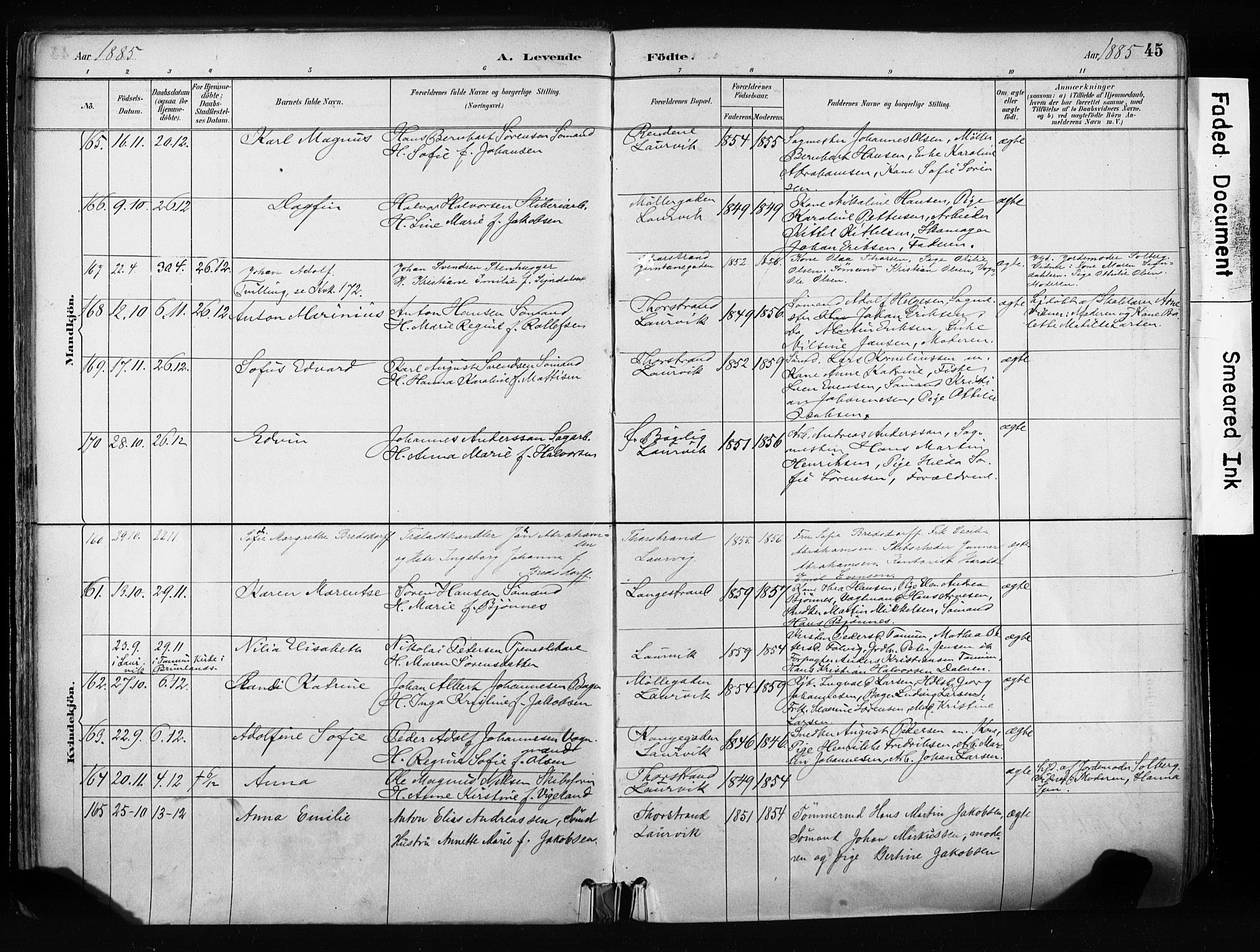 Larvik kirkebøker, AV/SAKO-A-352/F/Fa/L0009: Ministerialbok nr. I 9, 1884-1904, s. 45